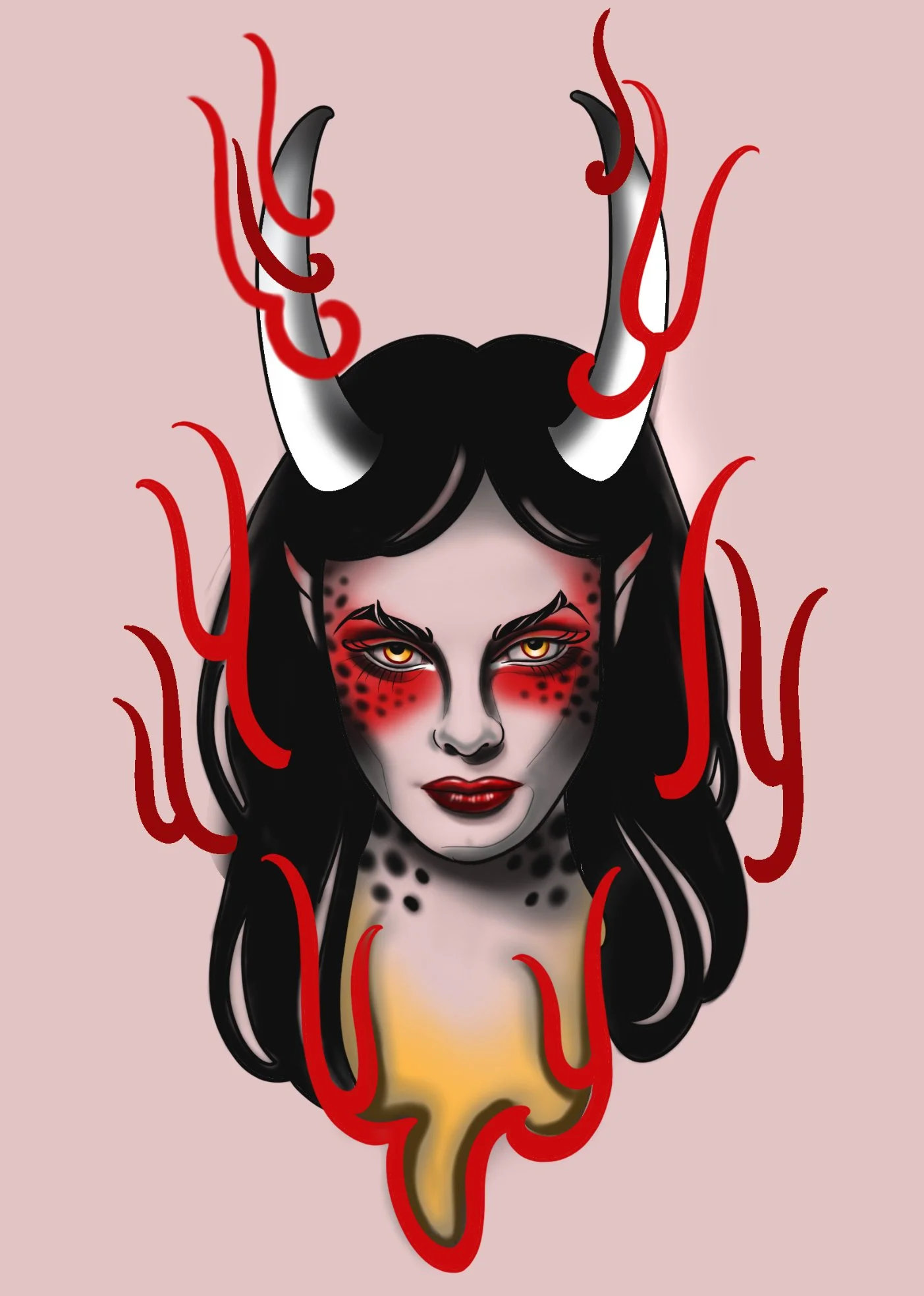 Digital illustration of a woman with black hair, intense eyes, red makeup, horns, and flames surrounding her head, with a melting effect at the bottom.