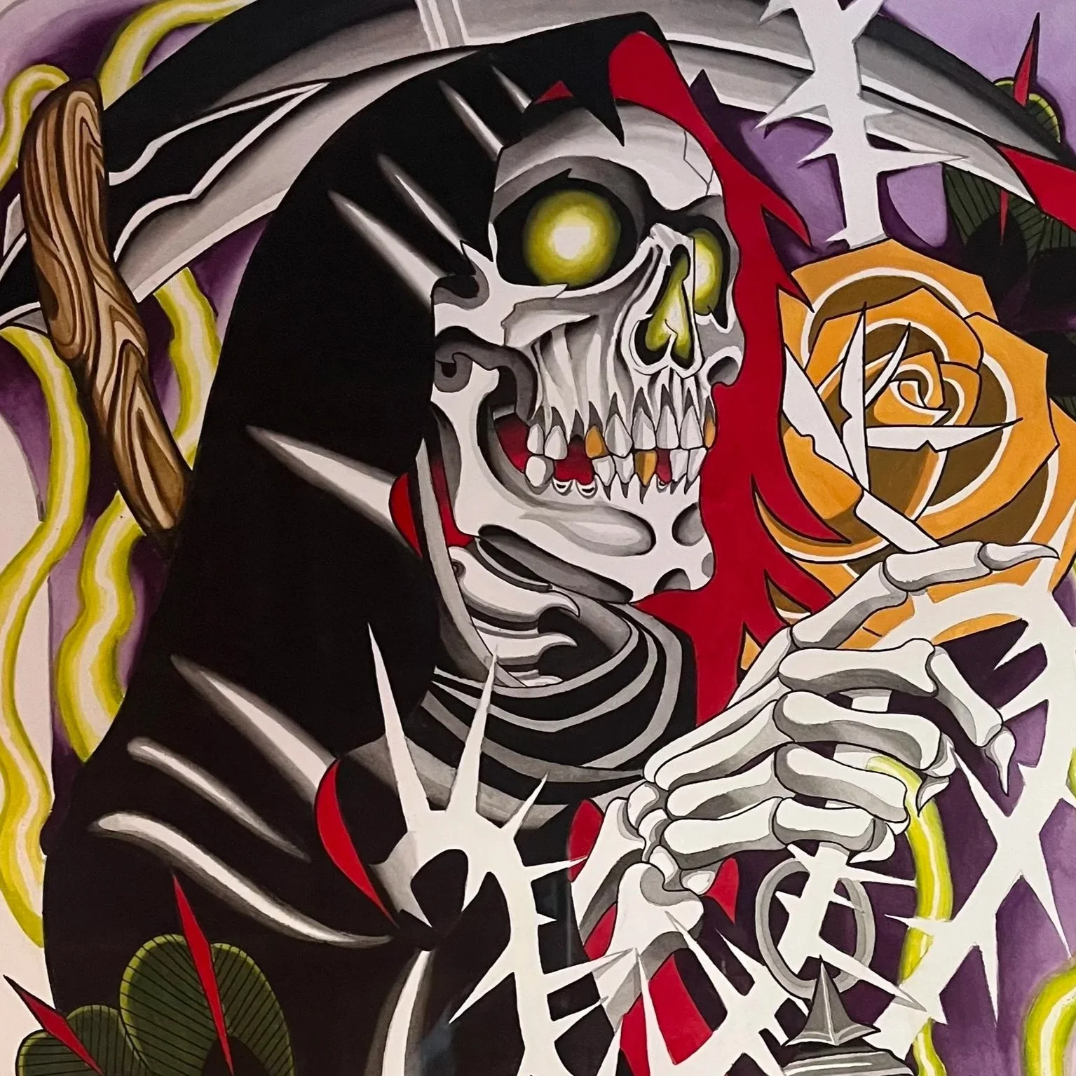 A stylized illustration of a skeleton with glowing green eyes, holding a sword, surrounded by colorful abstract and floral elements, including a large yellow rose.