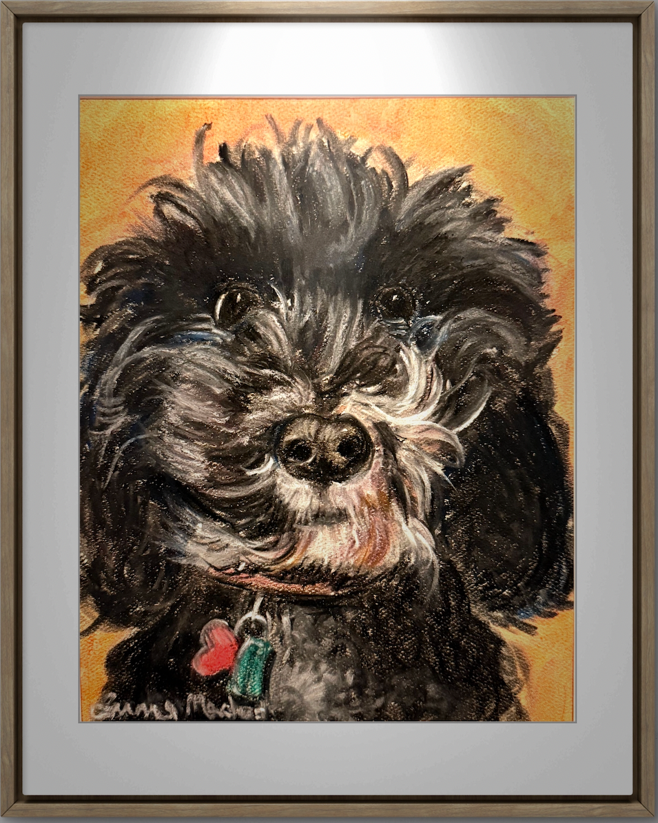 A soft pastel pet portrait of a black dog with a fluffy coat, wearing a collar with a green tag and a red heart-shaped tag, set against a warm orange background.