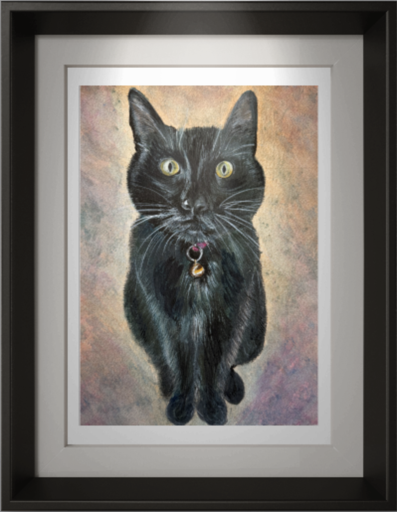 A framed watercolor painting  of a black cat with yellow eyes, sitting against a soft multicolored background.