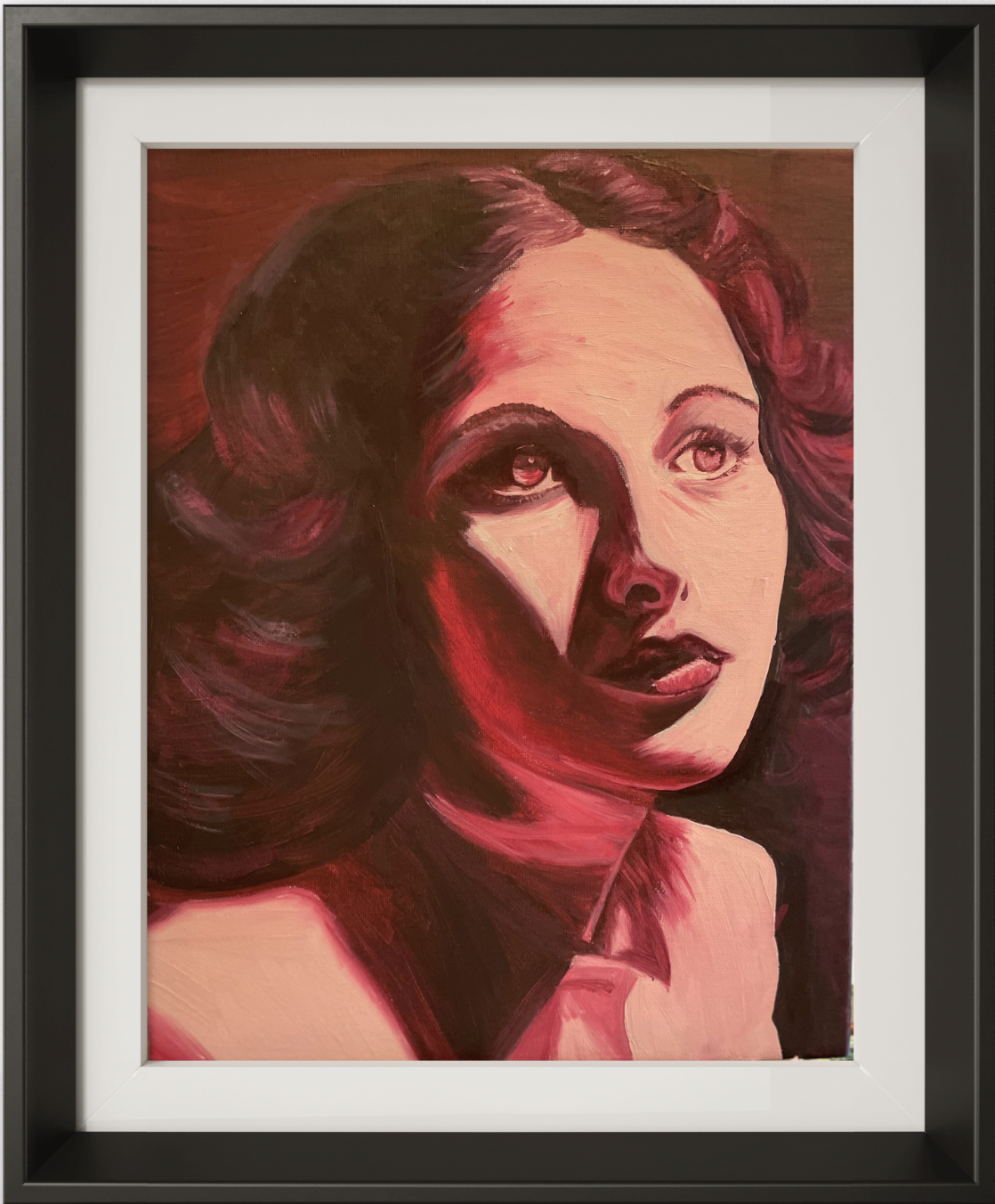 Monochoromatic oil painting of a woman's face with dramatic shadows and lighting, styled with wavy hair and dark lipstick.