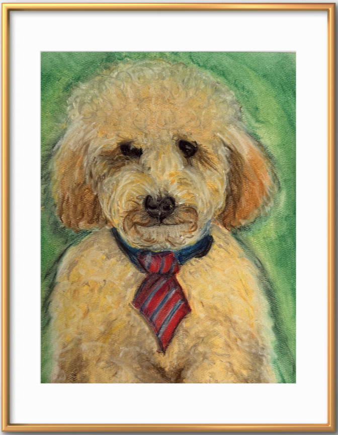 A soft pastel pet portrait of a cute, fluffy, Toy Poodle wearing a red and blue striped tie, against a green background.