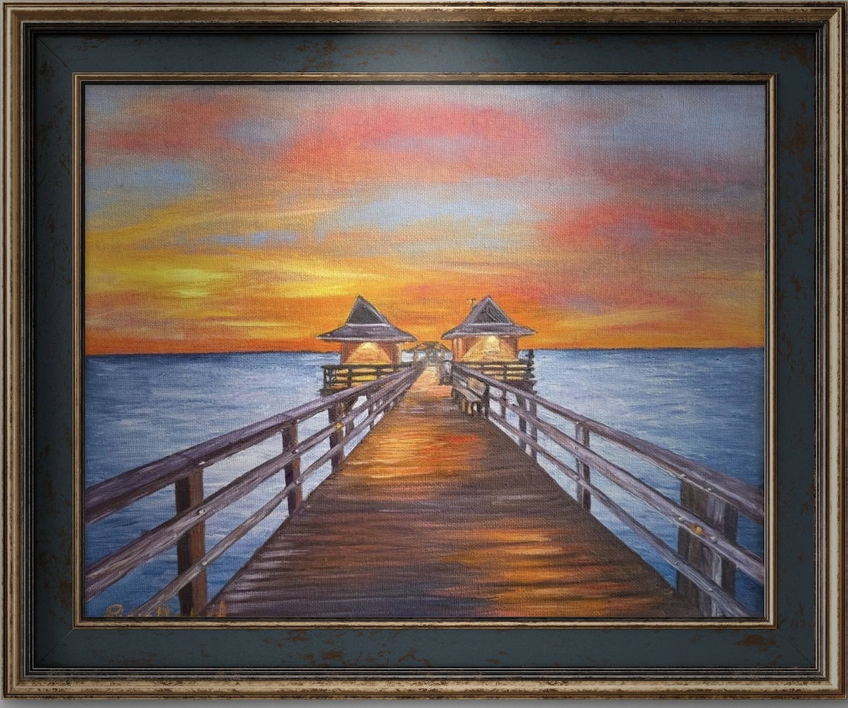 Oil painting of a wooden pier extending into water with two huts at the end during a colorful sunset.