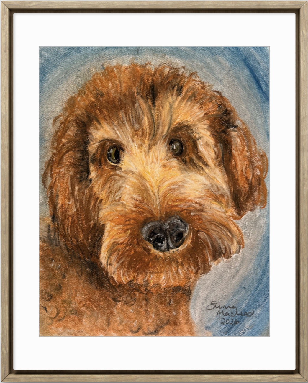 A soft pastel pet portrait of a brown wire-haired dog with expressive eyes, set against a blue and grey background, signed by the artist Emma Macleod in 2026.