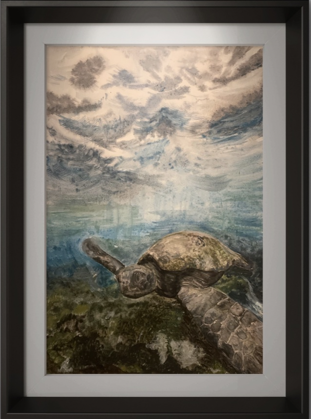 Watercolor painting of a giant Galapagos turtle on a mossy rock with cloudy sky background.
