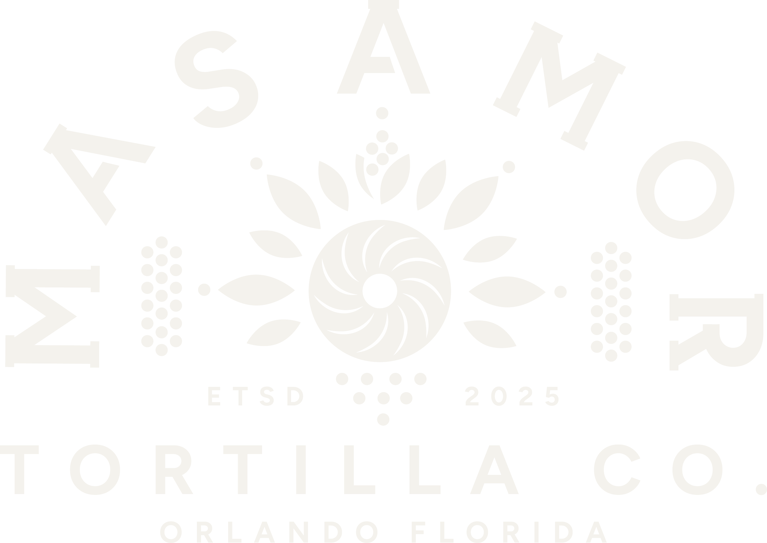 Logo for Aim Tortilla Co., Orlando Florida, featuring a spiral design with leaves and dots, with the text 'Aim Tortilla Co. Orlando Florida' and 'ETSD 2025'.