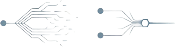 Abstract systems diagram showing multiple inputs dissipating without resolution and converging through a binding constraint into a single governed output in the AMOS system.