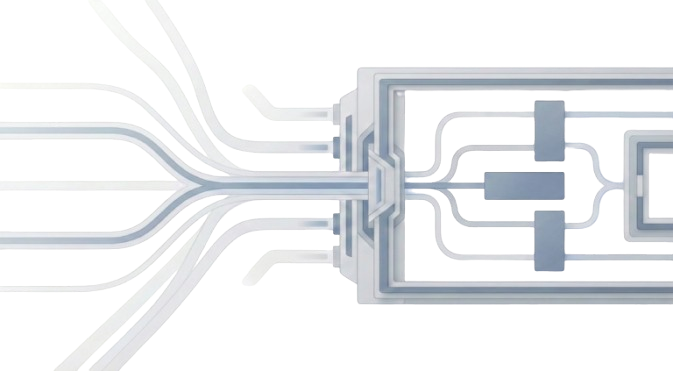 Abstract visual showing multiple inputs converging through a controlled entry gate into a governed system, representing AMOS decision governance and selective qualification.