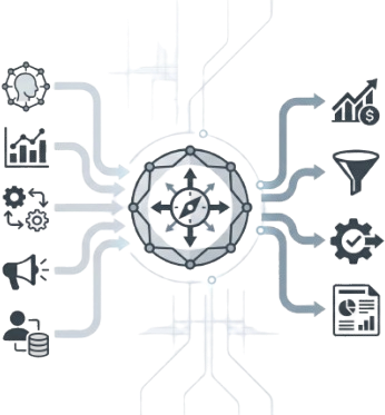 Architecture diagram illustrating an AI marketing governance operating system coordinating AI tools, analytics, and marketing platforms.