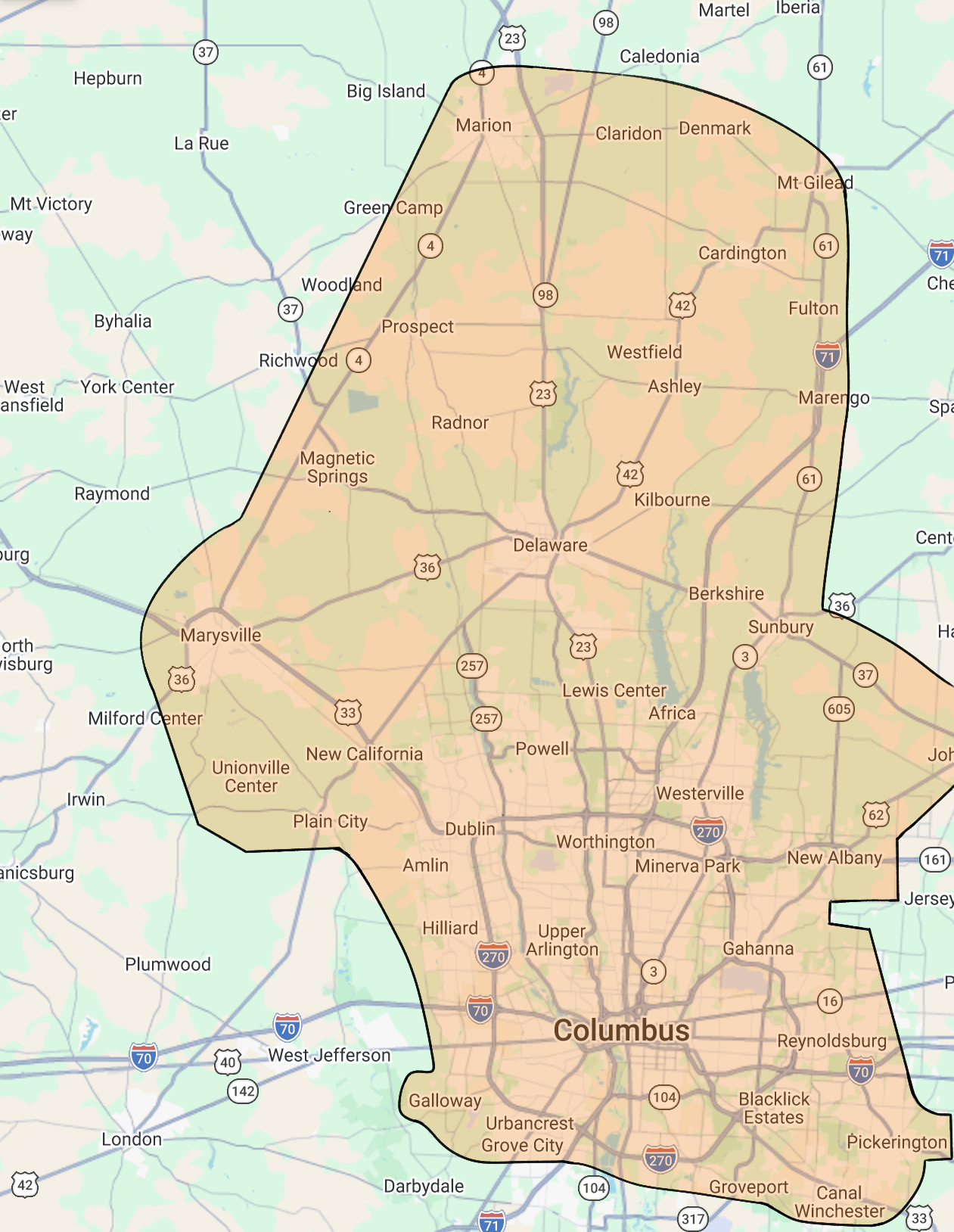 Map of Columbus, Ohio and surrounding areas showing various neighborhoods, highways, and roads with highlighted boundaries.