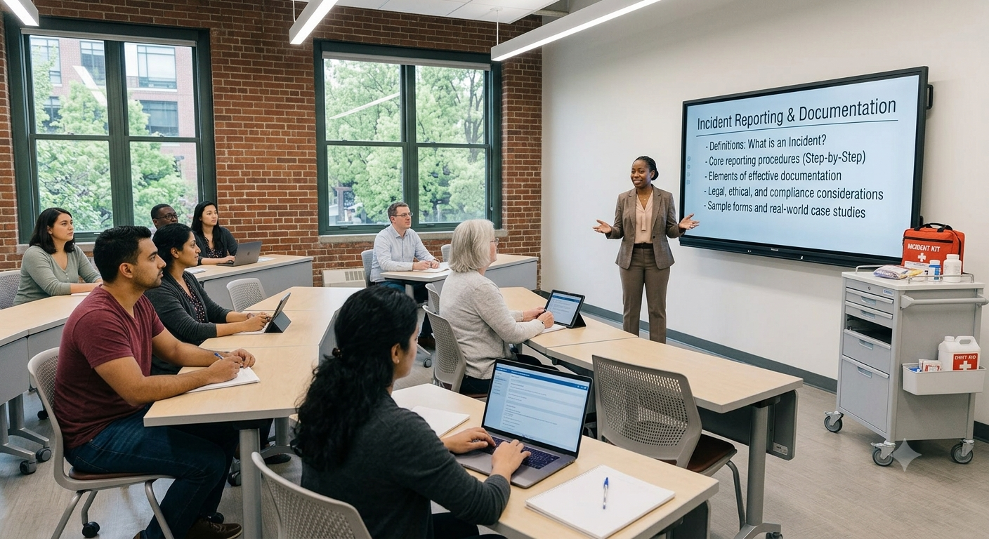 A classroom or training room with a diverse group of students seated at tables, attending a presentation on incident reporting and documentation. A female instructor stands near a large screen displaying a slide, engaging the audience.