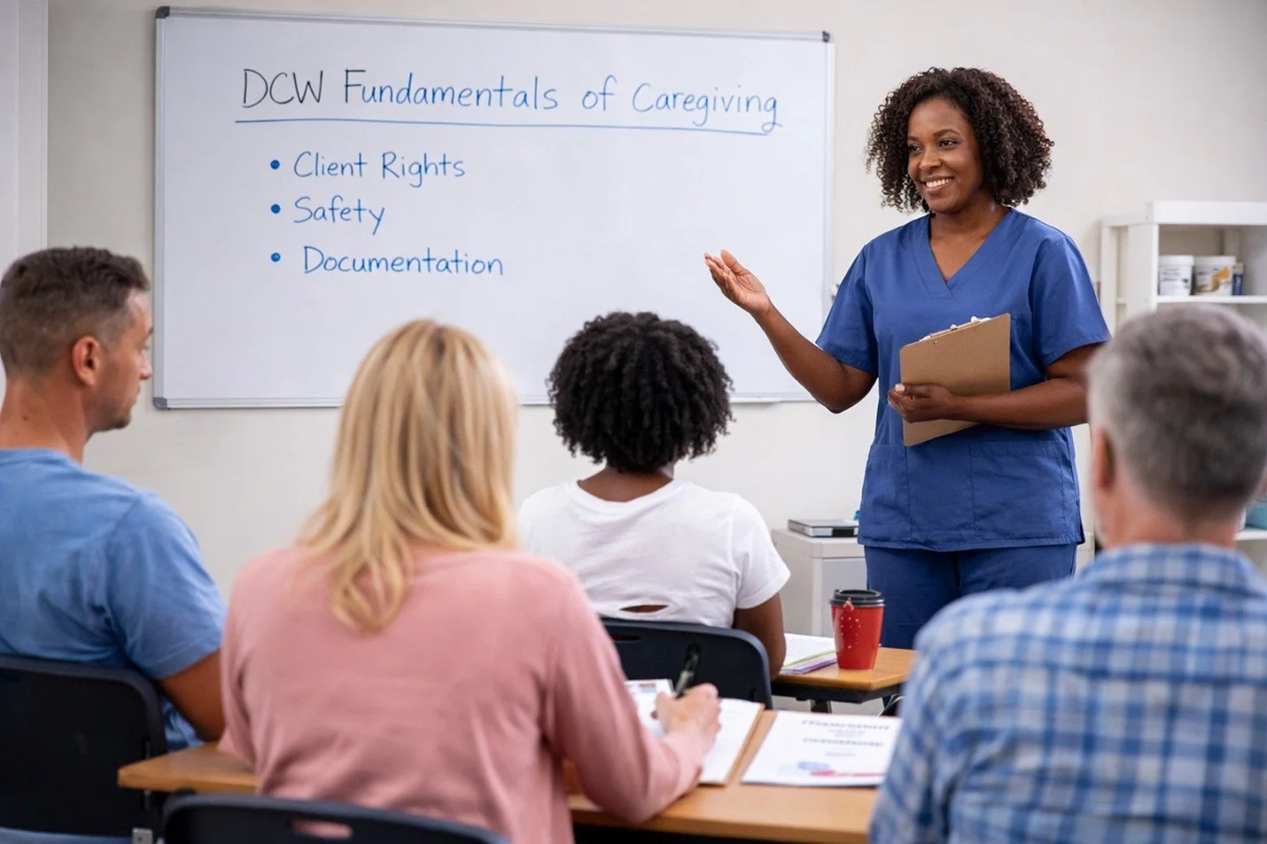 A woman in blue scrubs teaching a class about caregiving fundamentals, standing in front of a whiteboard with notes, while four adults sit at tables taking notes.