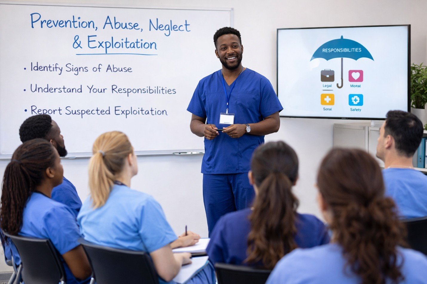 A healthcare professional giving a presentation on prevention, abuse, neglect, and exploitation to a group of healthcare workers in a classroom setting, with a whiteboard and a screen displaying responsibilities.