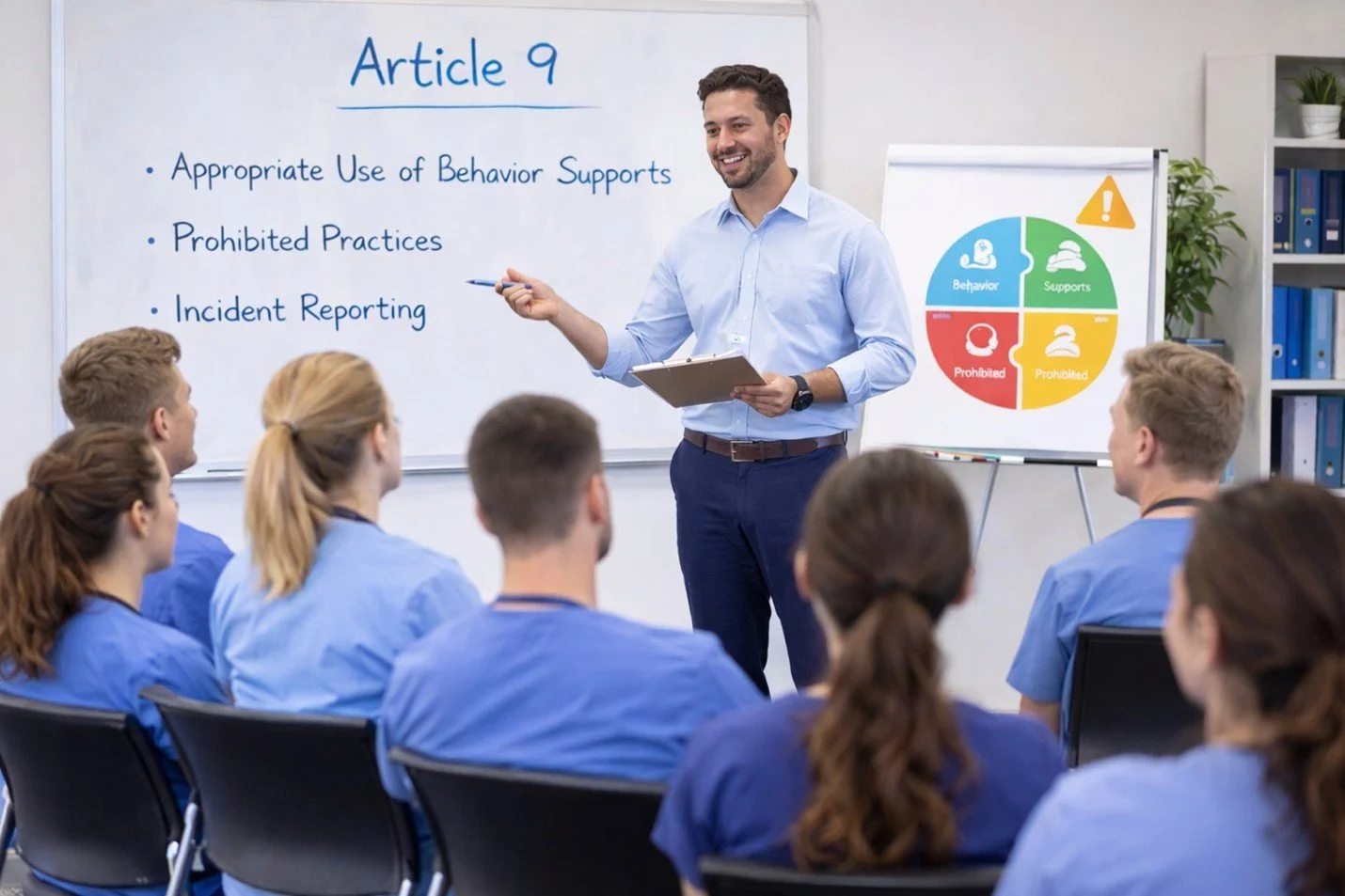 A classroom or training session with a male instructor standing in front of a whiteboard and a group of students in blue uniforms. The whiteboard displays a list titled "Article 9" with bullet points about behavior support, prohibited practices, and incident reporting. The instructor is smiling and holding a clipboard and pen, while students sit attentively. There is a colorful circular diagram on a stand next to the whiteboard with sections labeled "Behavior," "Supports," and "Prohibited," and an orange warning icon.