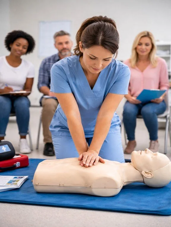 A woman in blue scrubs practicing CPR on a medical training mannequin, with three people observing and taking notes in the background.