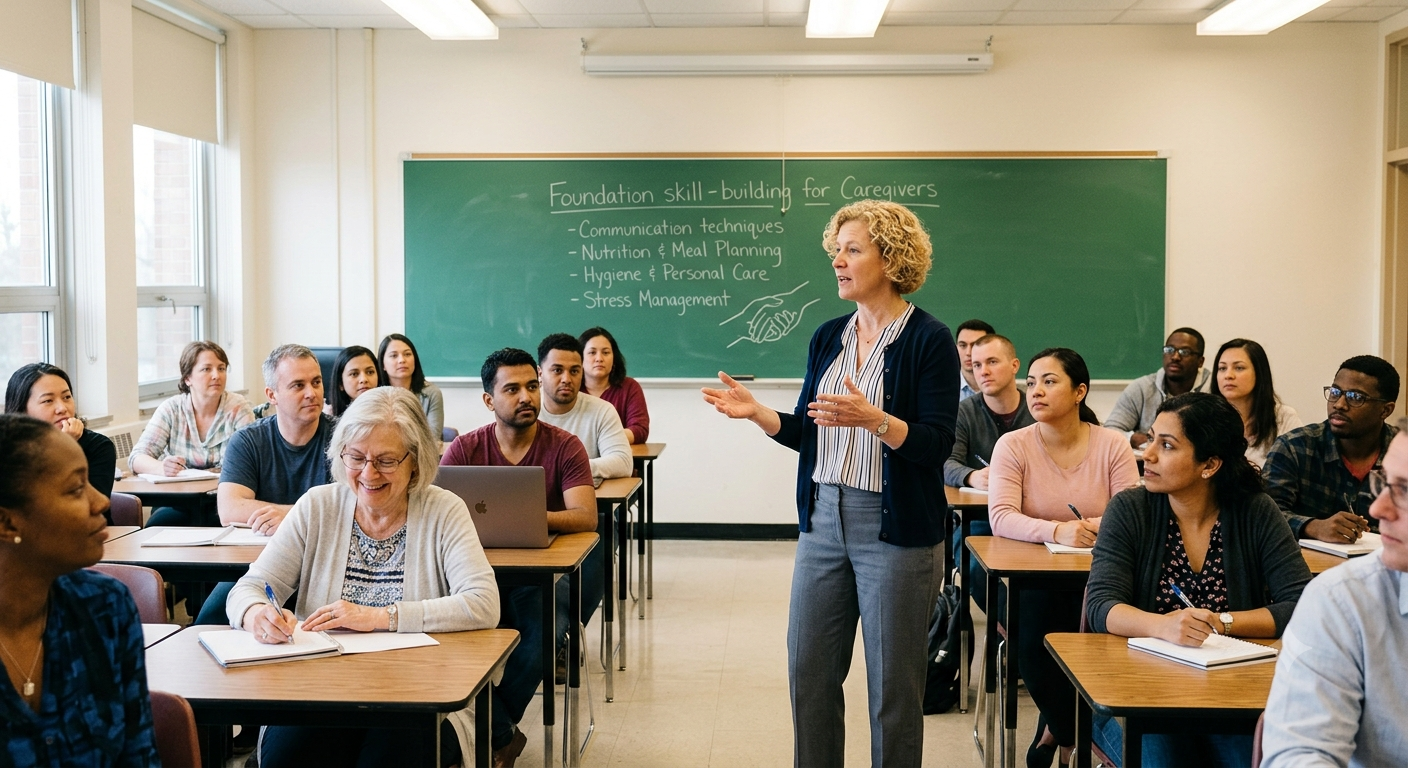 A classroom with a diverse group of students sitting at desks, listening to a female instructor standing next to a chalkboard that reads 'Foundation skill-building for Caregivers' with a list of topics.