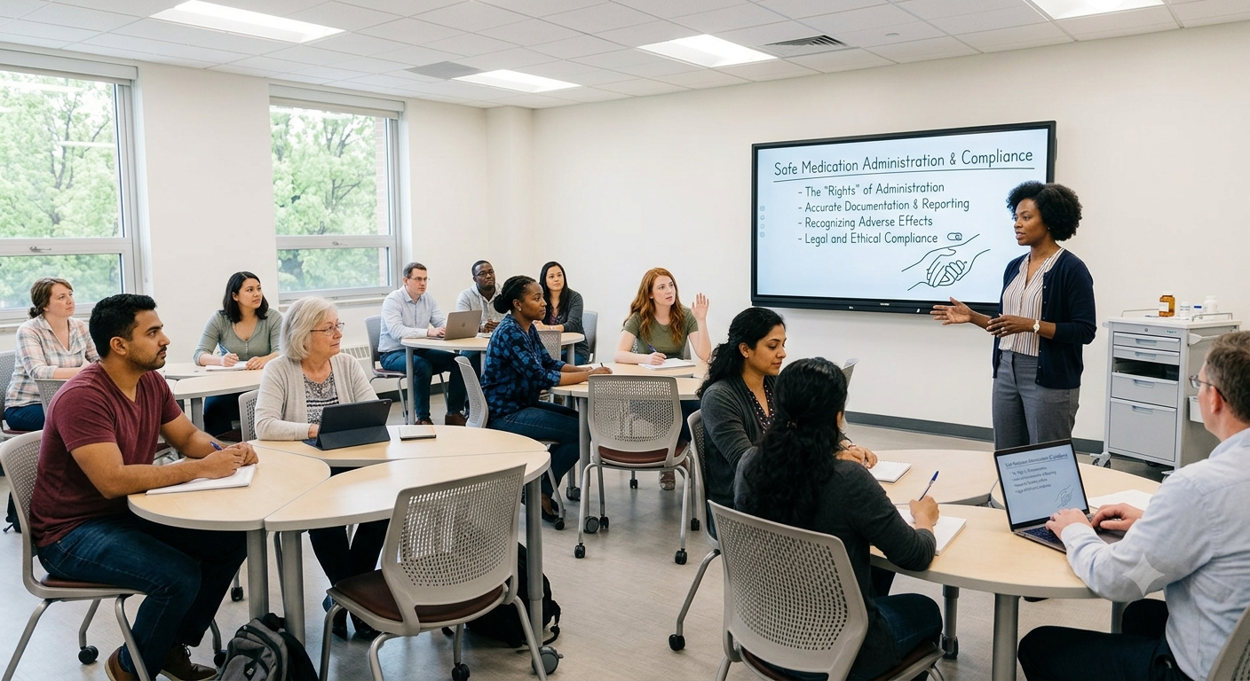 A diverse group of adults attending a classroom training session, facing a female instructor standing next to a large screen displaying a presentation on medication administration and compliance.