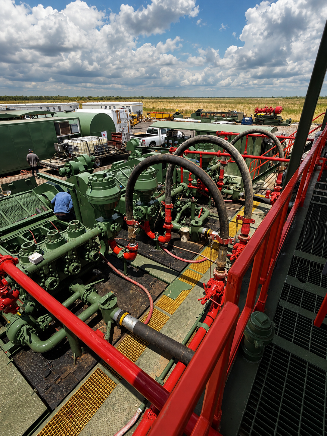 Industrial equipment on an oil drilling platform with a wide-open sky, clouds, and grassy fields in the background.