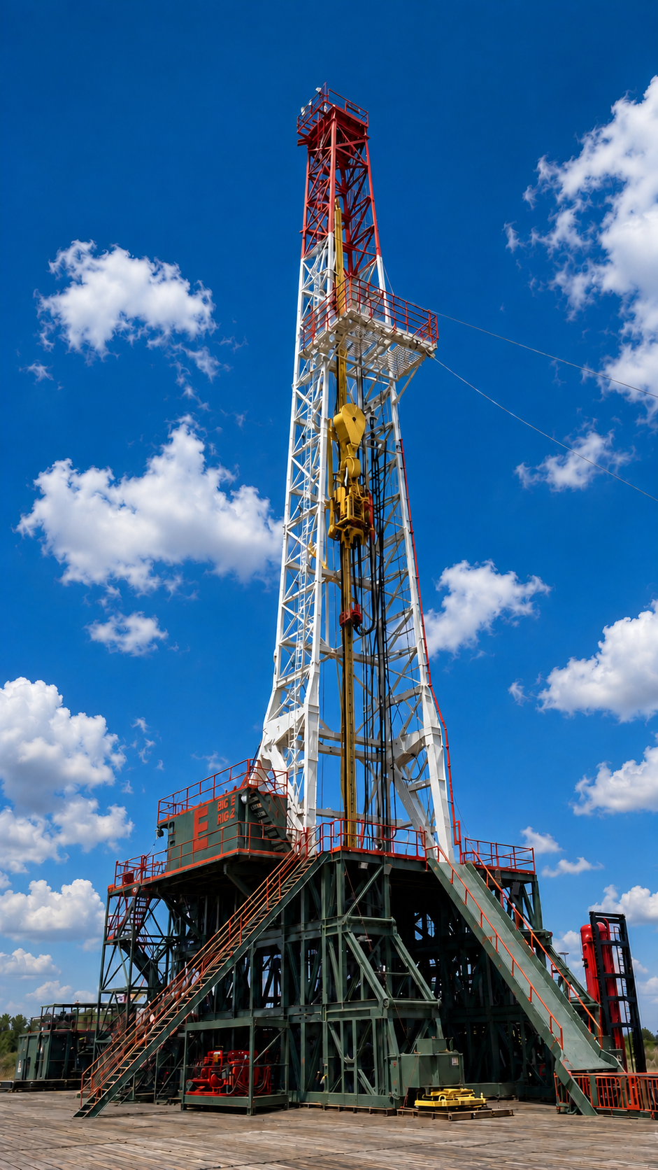 An oil drilling rig with a tall metallic structure, painted in red, white, and green, under a bright blue sky with scattered white clouds.