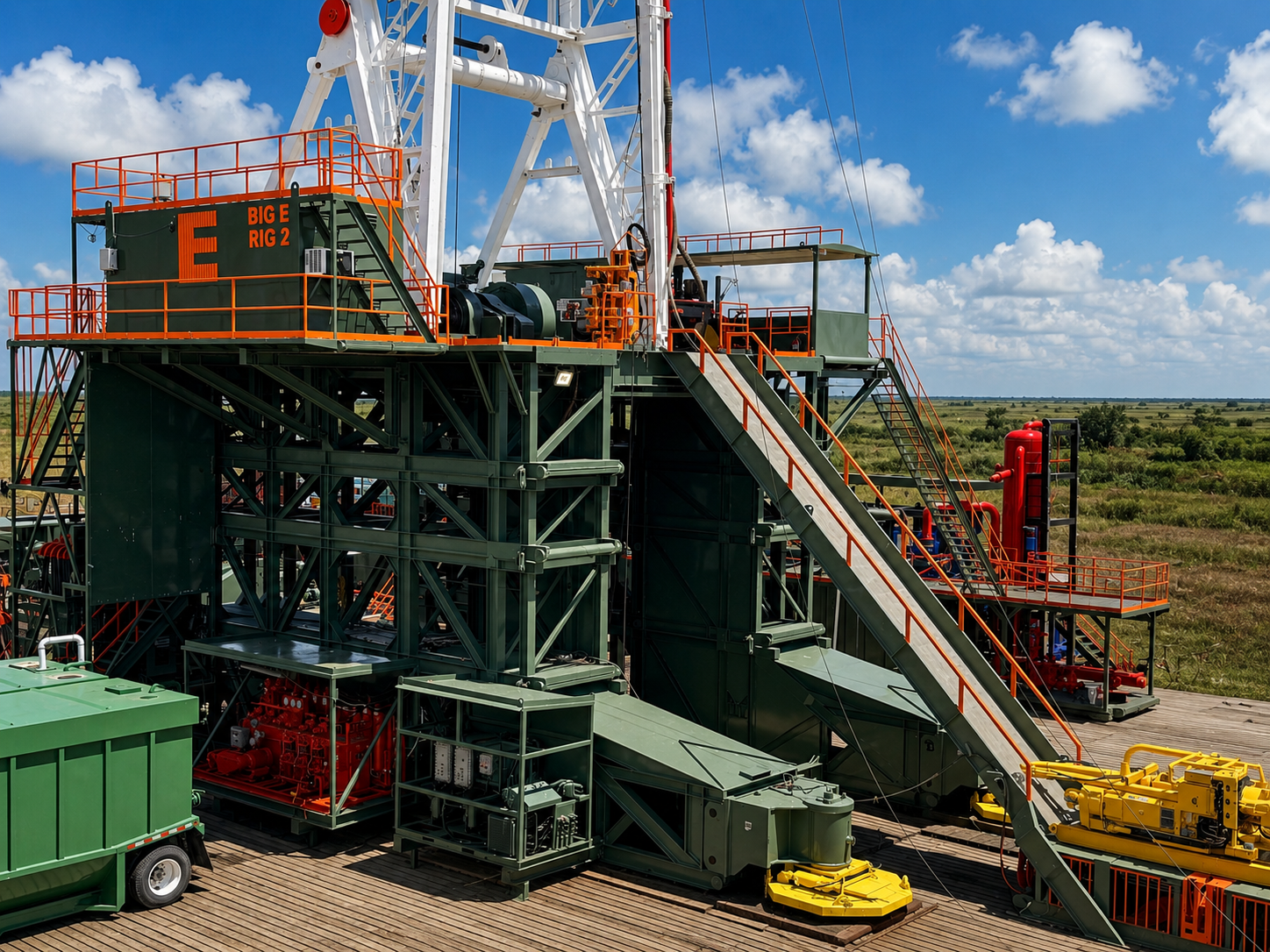 A large offshore oil drilling rig with a tall white structure, green base, and orange safety rails, situated in a flat, open landscape under a blue sky with scattered clouds.