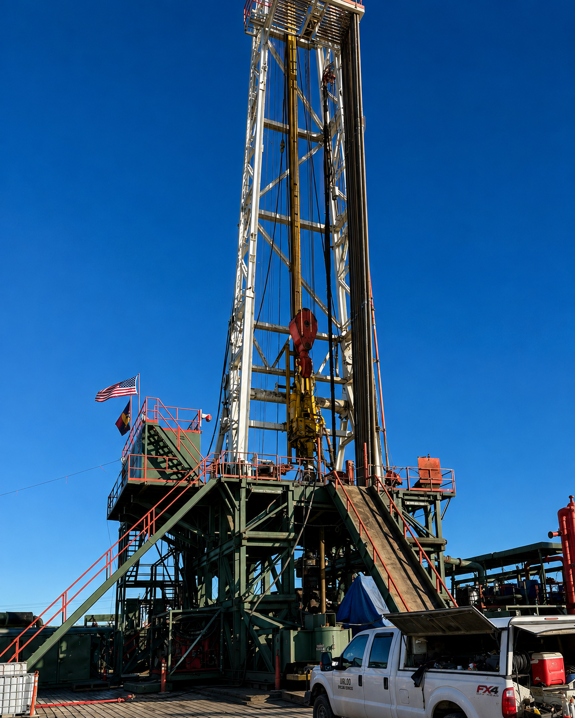 An offshore oil drilling rig with American and local flags, a blue sky, and various equipment and a work truck nearby.