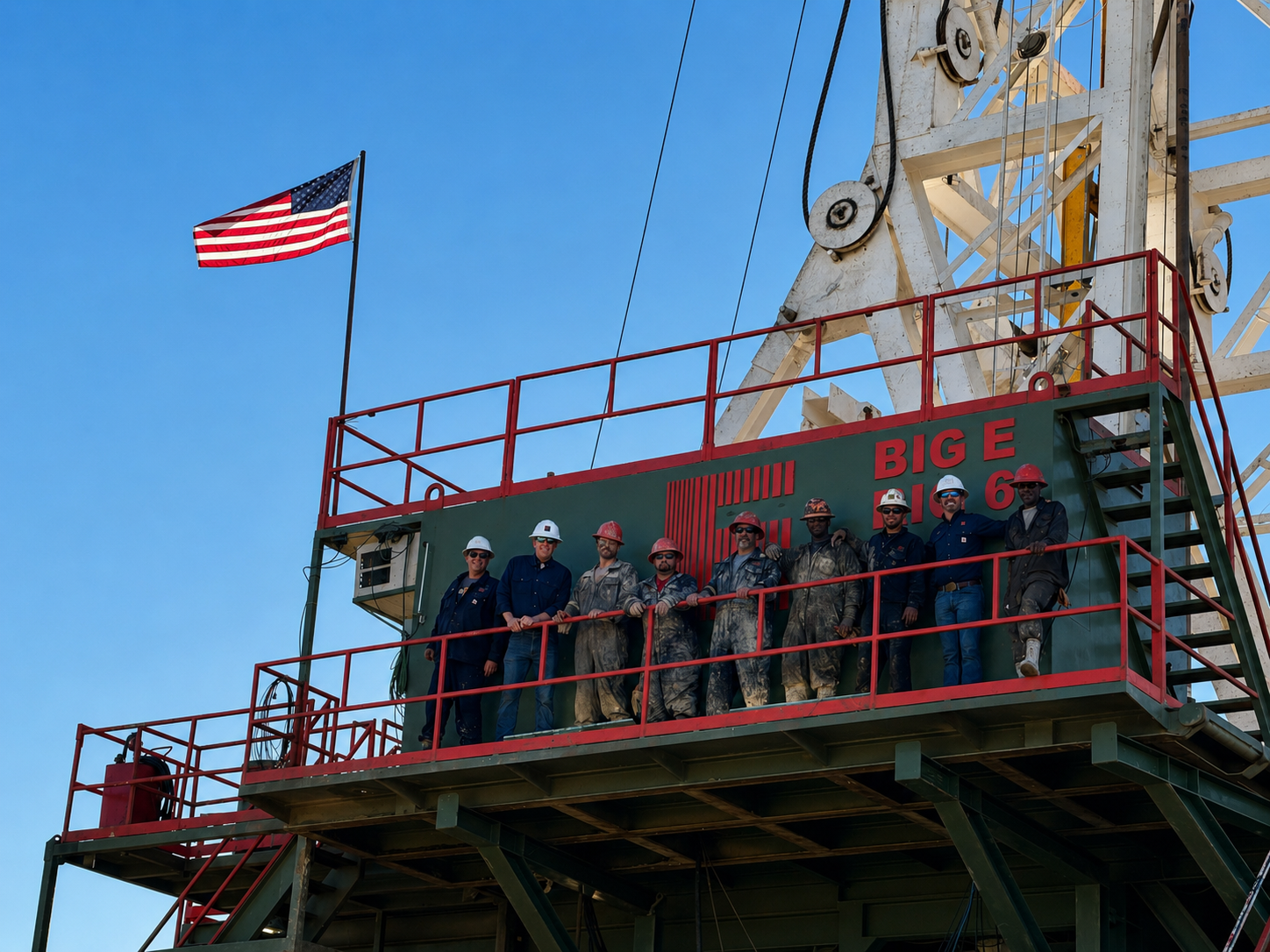 Group of eight oil rig workers wearing safety gear standing on platform of offshore oil rig.