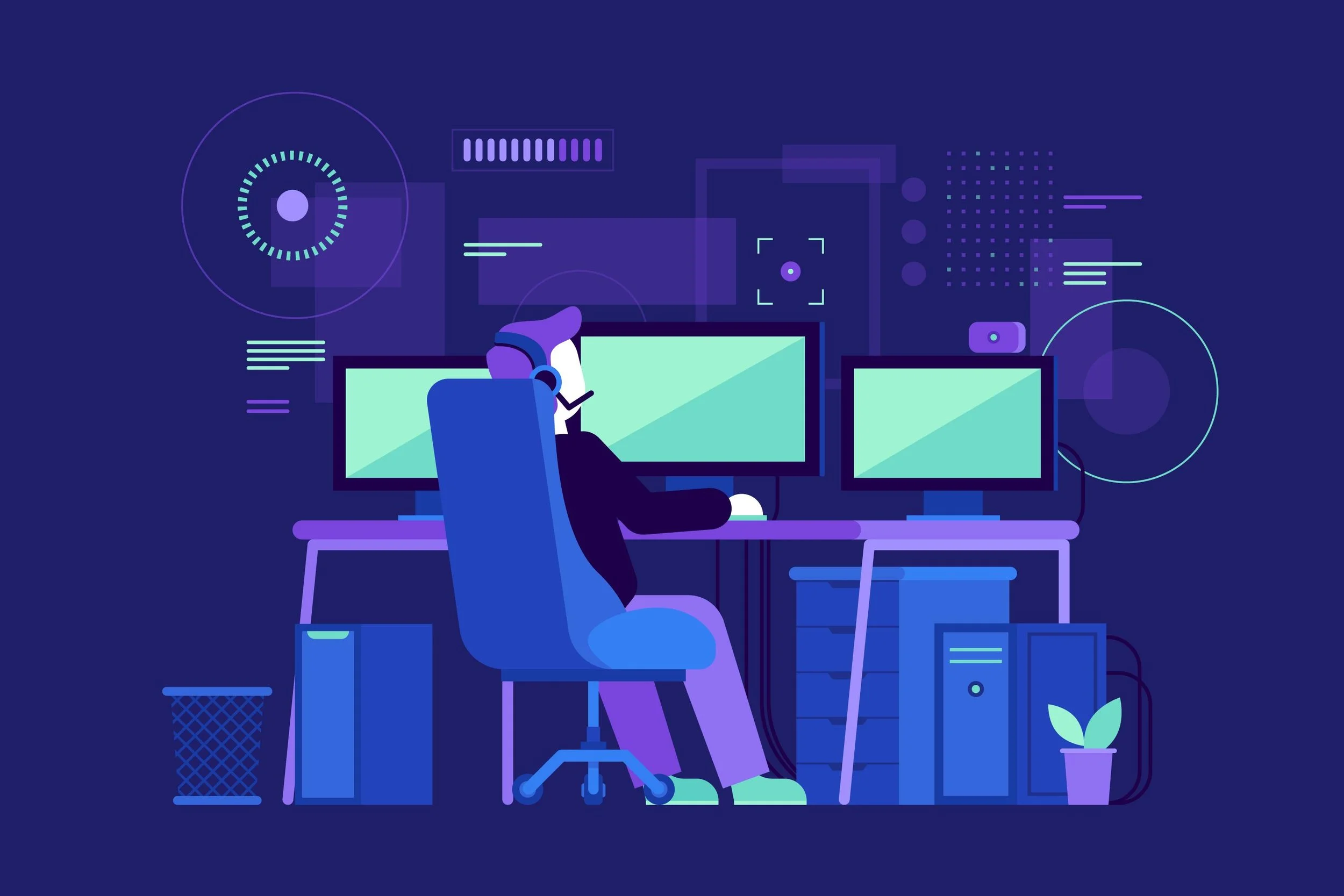 A digital illustration of a person working at a desk with three computer monitors, wearing headphones, in a dark-themed tech environment with futuristic graphical interface elements.