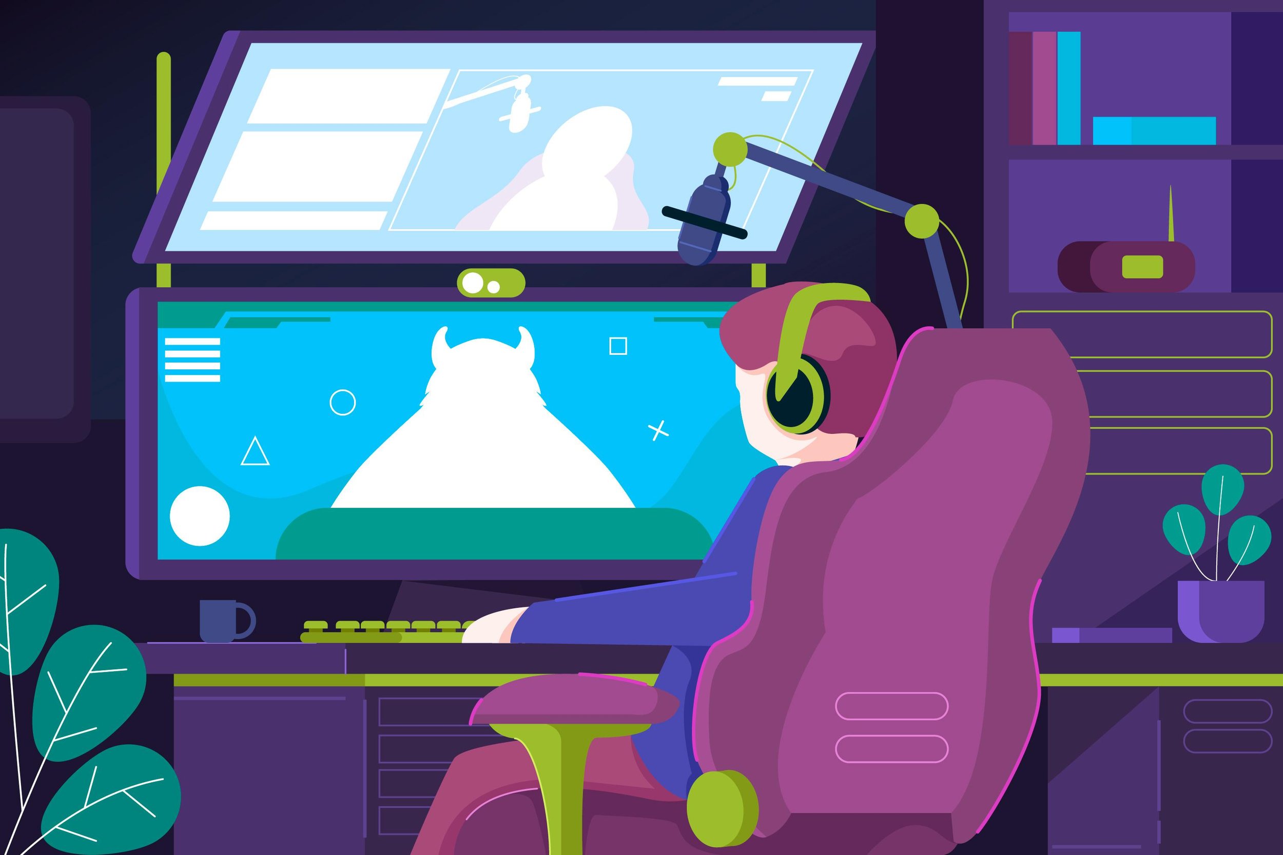 Person wearing headphones seated at a desk with dual computer monitors, one showing a cartoon character with horns, in a dark room with potted plants and shelves.