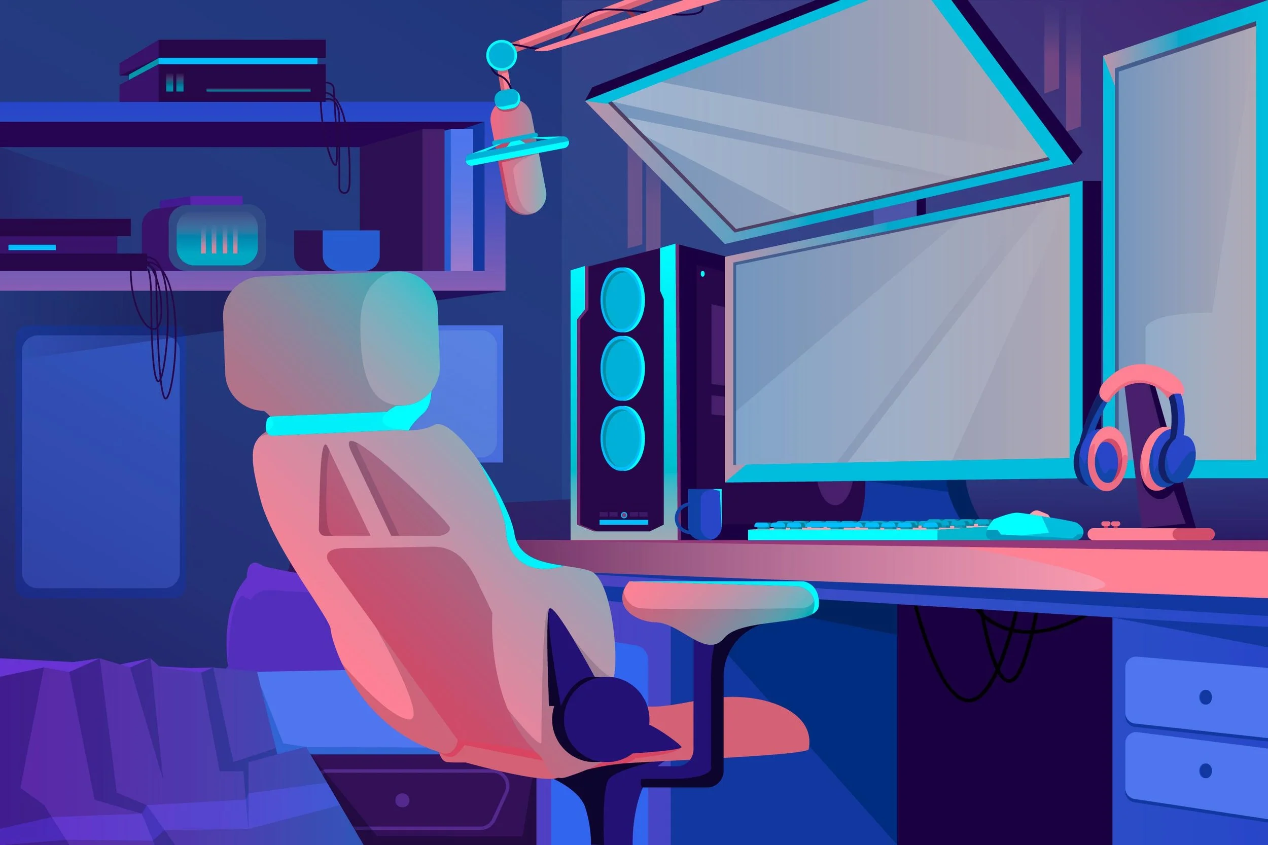 Digital illustration of a gaming or streaming setup with a computer monitor, keyboard, gaming headphones on a stand, and a gaming chair. The scene is illuminated with neon blue and pink lighting.