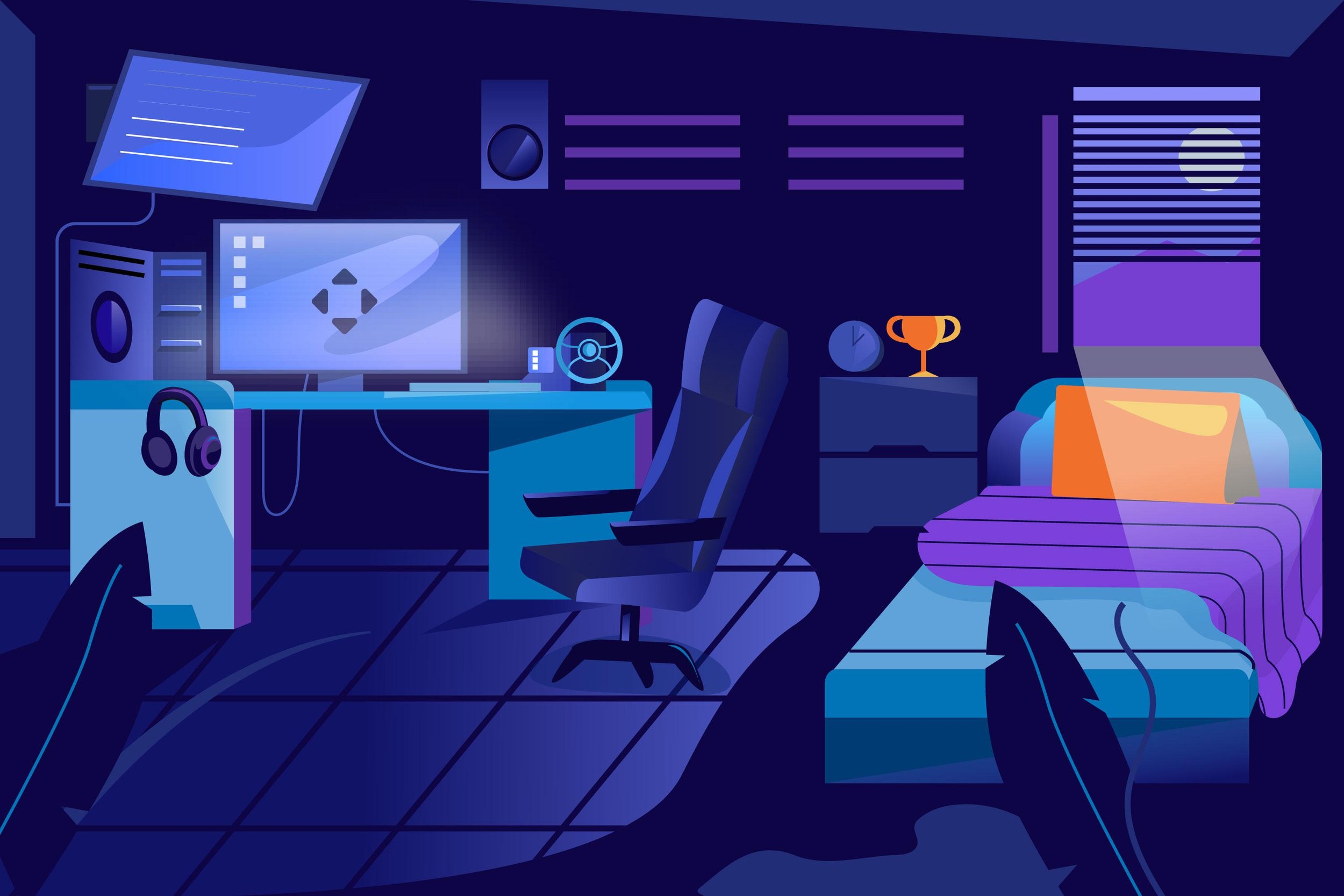 Digital illustration of a stylish bedroom or gaming setup with a computer desk, monitor, gaming chair, bookshelf, bed, and various decorative objects, all in shades of blue and purple.