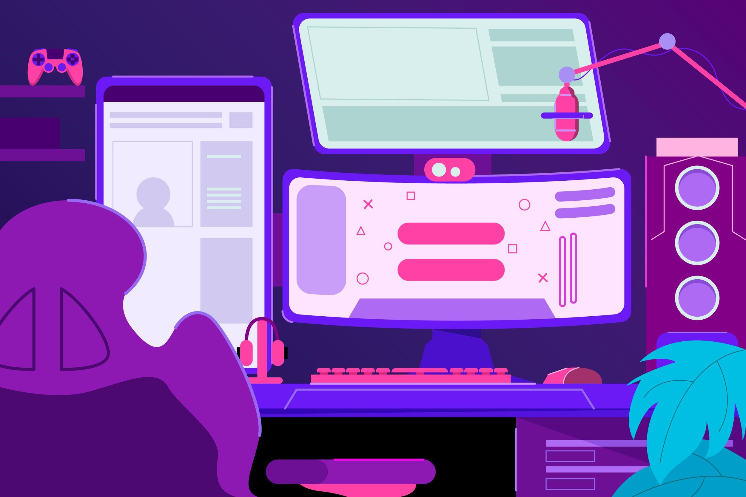 A person sitting at a computer desk with three large monitors displaying digital interfaces, a gaming controller on a shelf, a set of headphones on the desk, a speaker, some potted plants, and a stylized modern workspace setup with a purple and pink color theme.