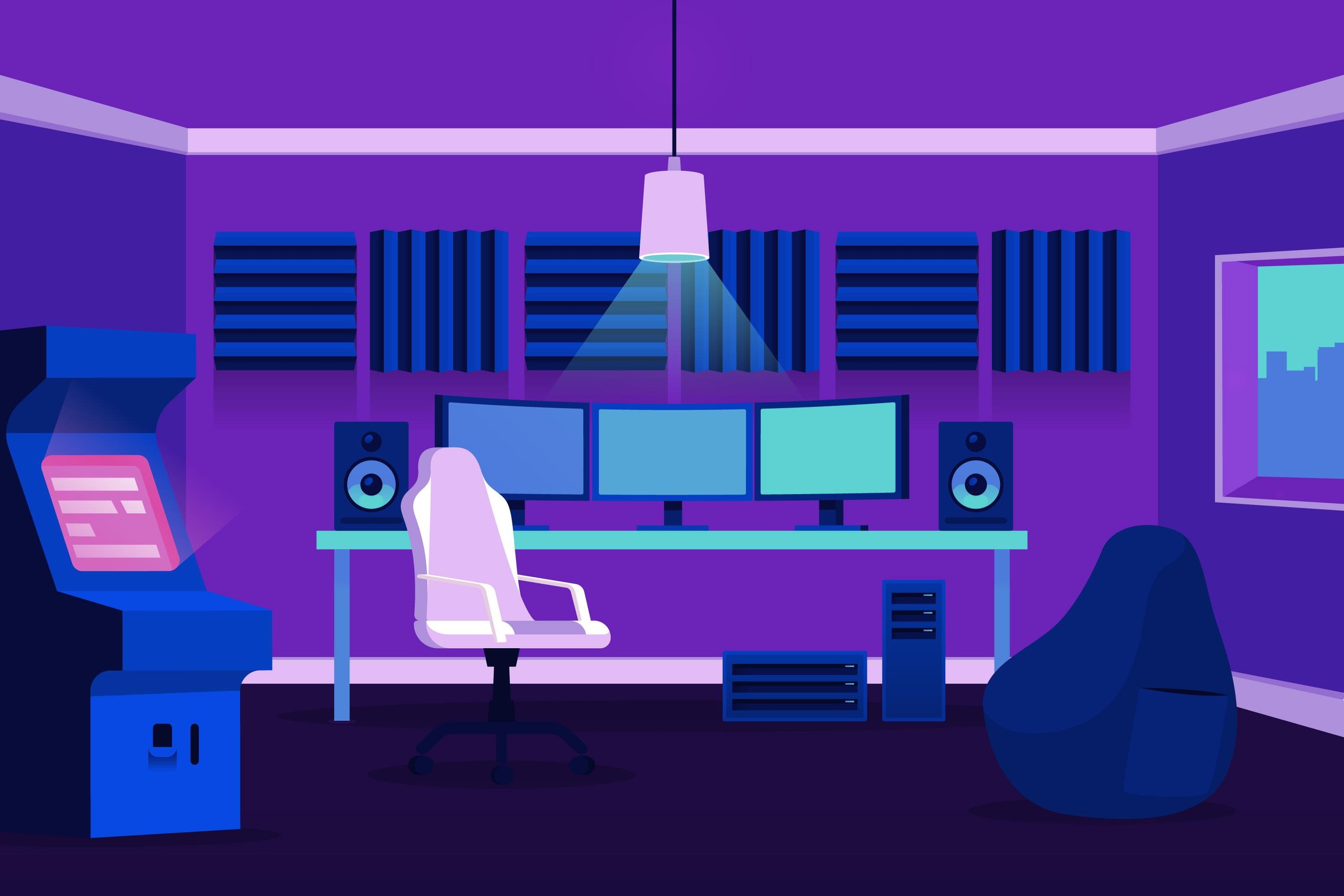 Digital art illustration of a music or production studio with computer monitors, speakers, music software on a possible arcade machine, acoustic foam panels, a chair, bean bag, and a cityscape view through a window, all in shades of purple and blue.