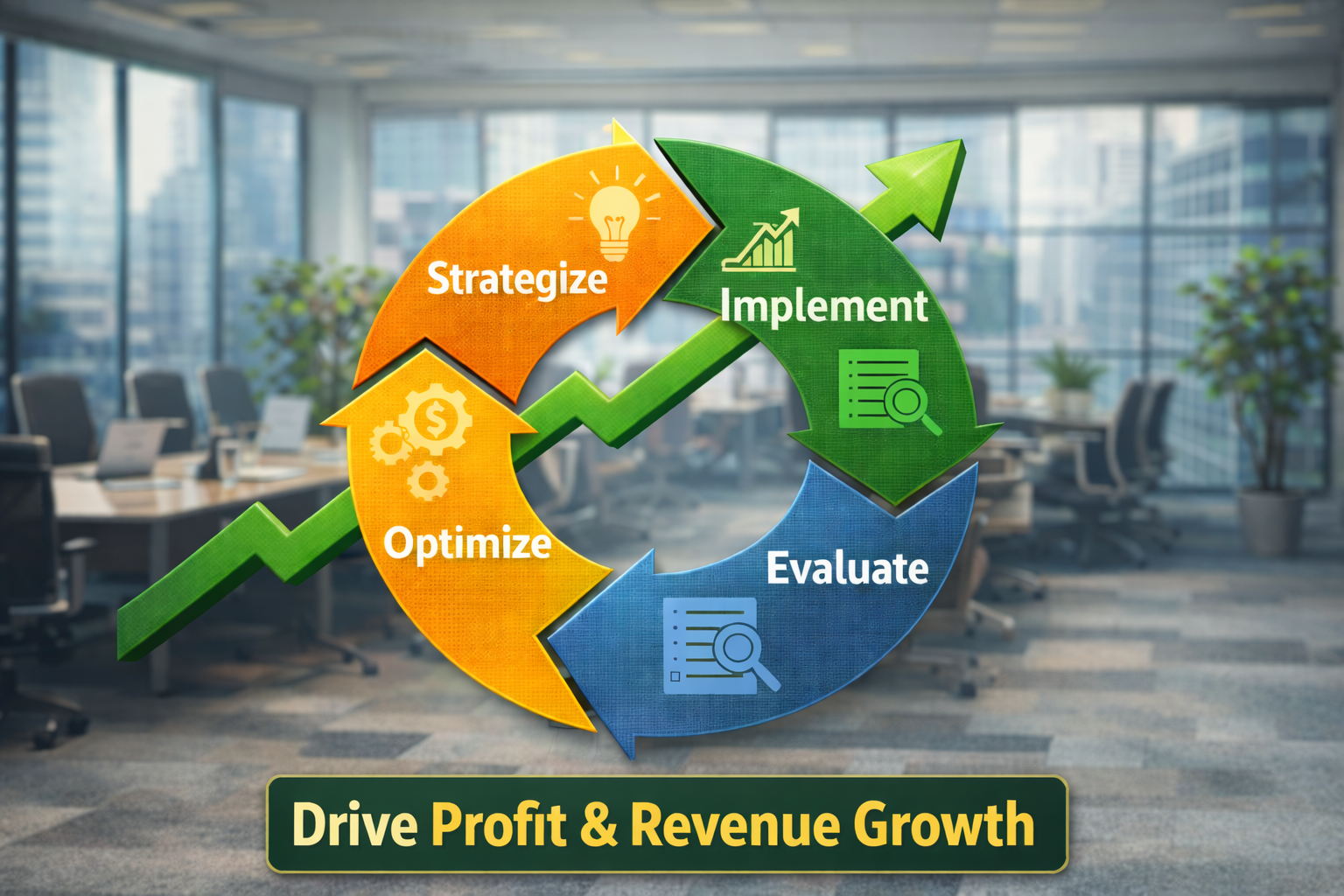 Cannabis retail sales methodology showing strategize, implement, evaluate, and optimize to drive profitable dispensary growth.