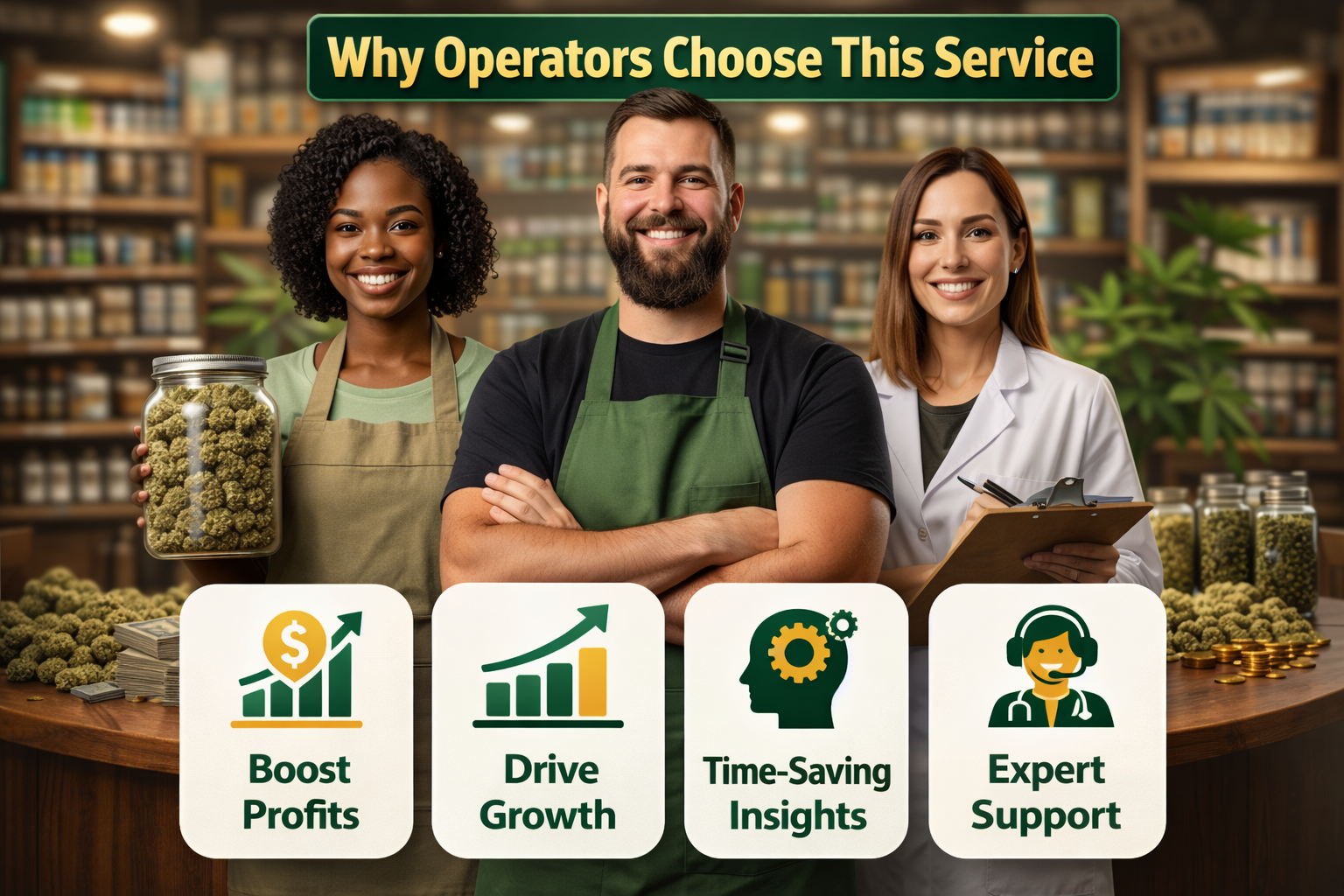 Cannabis retail sales methodology illustrating strategize, implement, evaluate, and optimize for profitable growth.