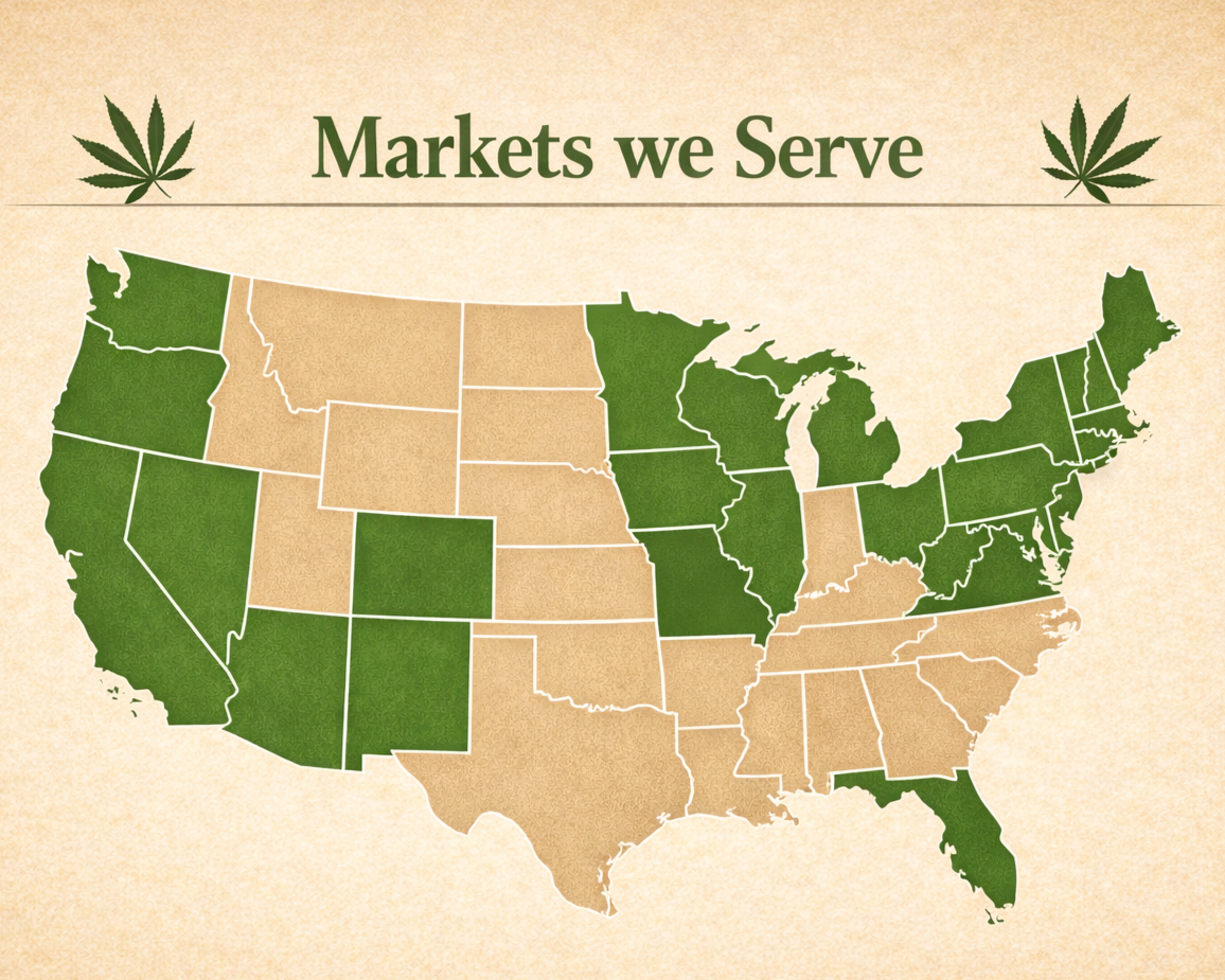 U.S. map highlighting recreational cannabis markets served by a cannabis retail consulting firm