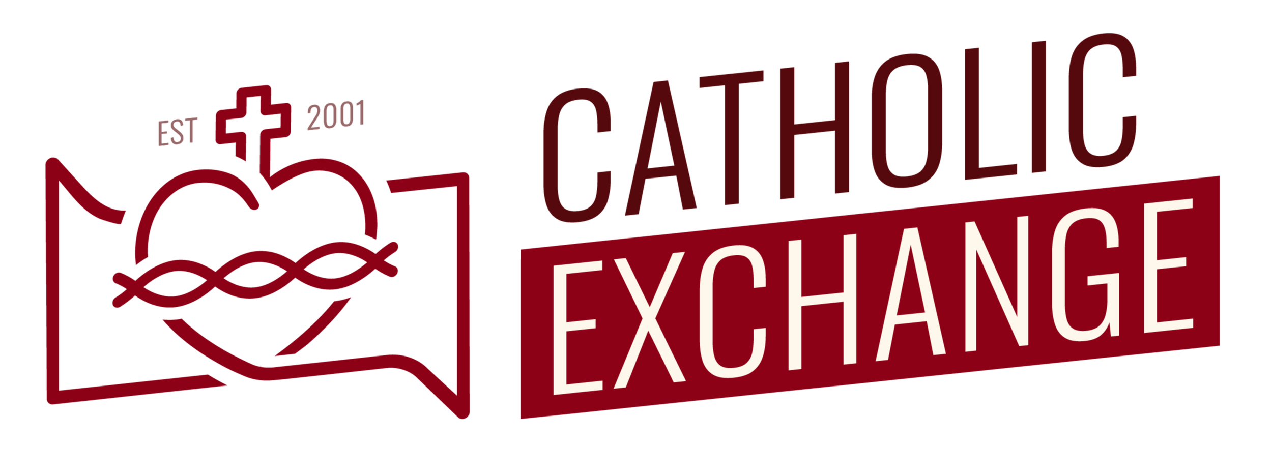 Logo for Catholic Heart Exchange with a heart, a cross, and a book in dark red and white text.