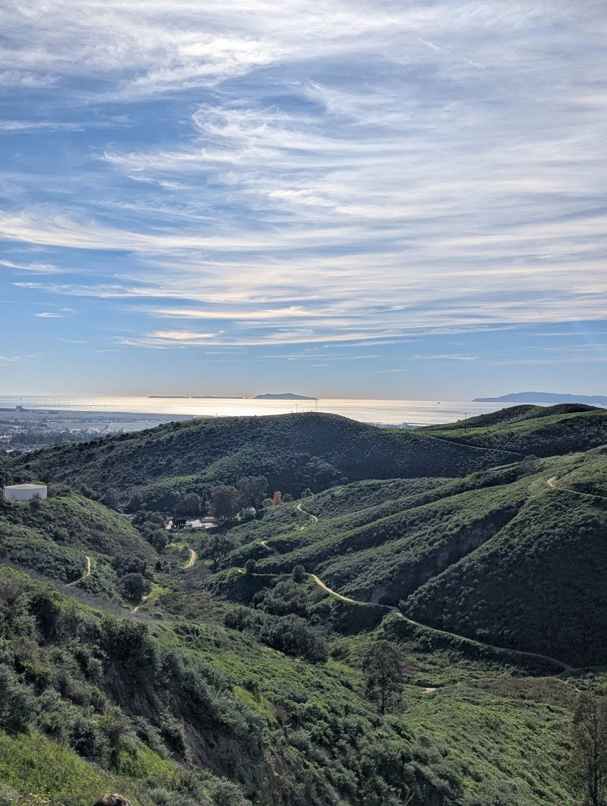 Panoramic view of green hillside with trails, overlooking the ocean under a partly cloudy sky.