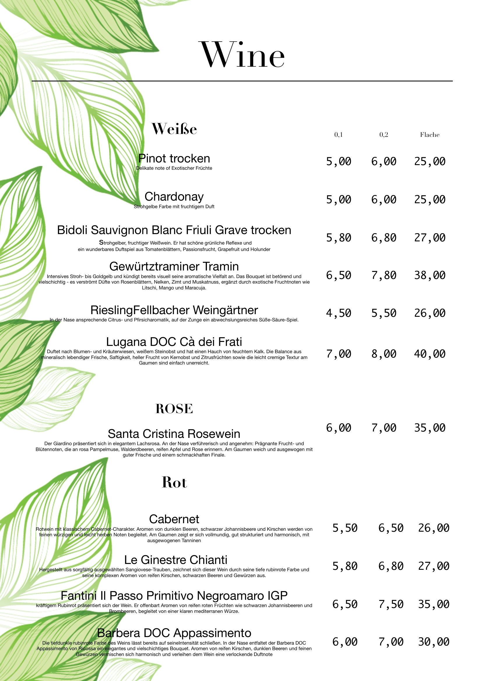 Wine menu with sections for white, rosé, and red wines, listing various types with descriptions and prices.