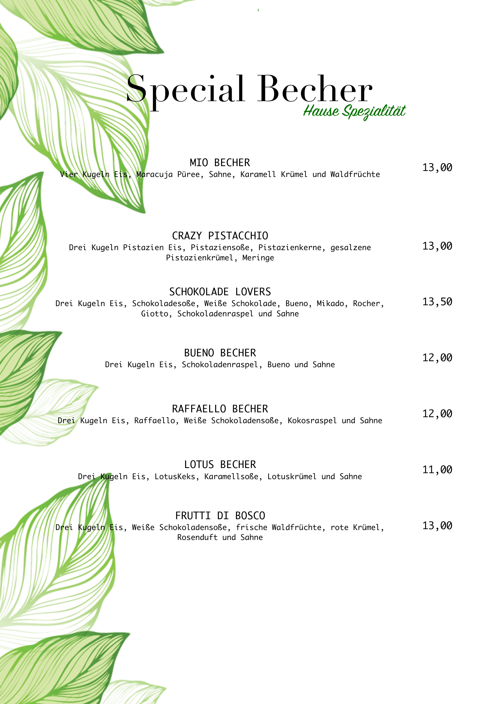A menu with green leaf illustrations on the left side, listing various ice cream desserts with their ingredients and prices.