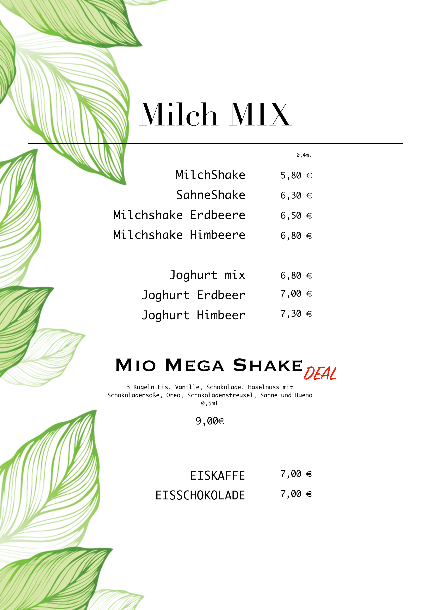 Menu of milkshakes and yogurt shakes with prices, decorated with green leaves.