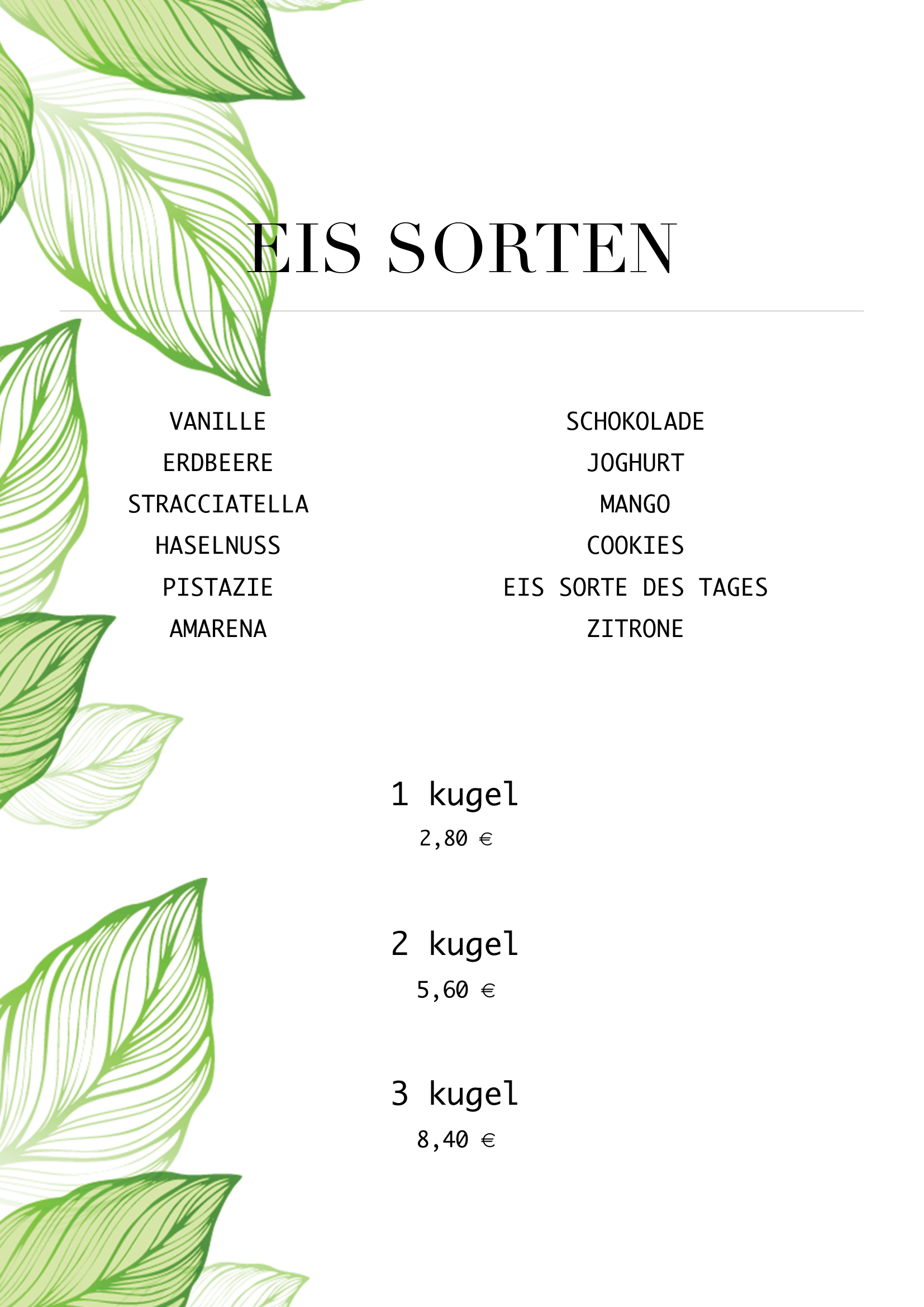 MIO Speisekarte Ostfildern Menu listing various ice cream flavors, priced per scoop, with decorative green leaves on the sides.