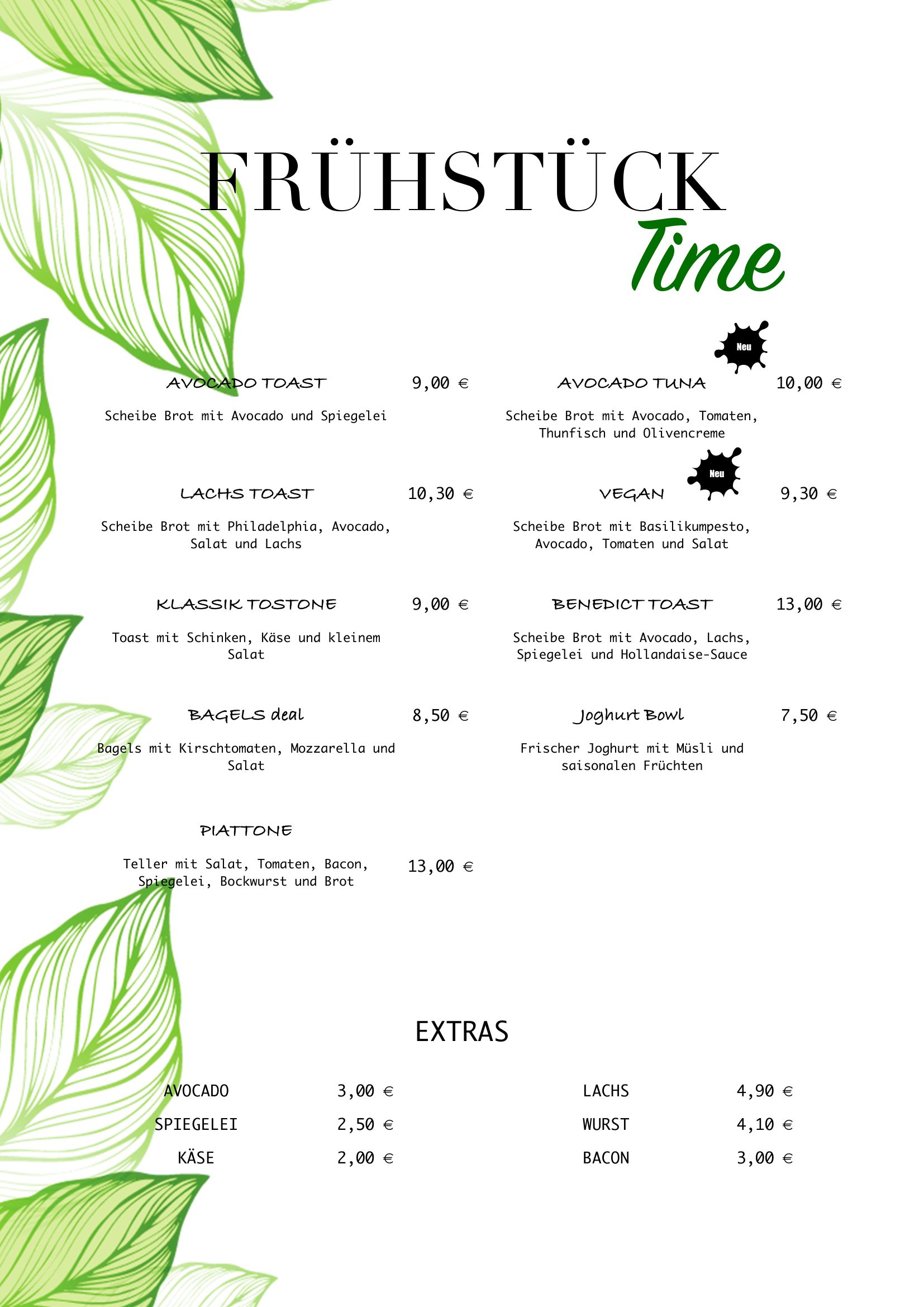MIO Speisekarte Ostfildern Coffee shop breakfast menu with various toasts, bagels, the yogurt bowl, and extras, decorated with green leaf illustrations.