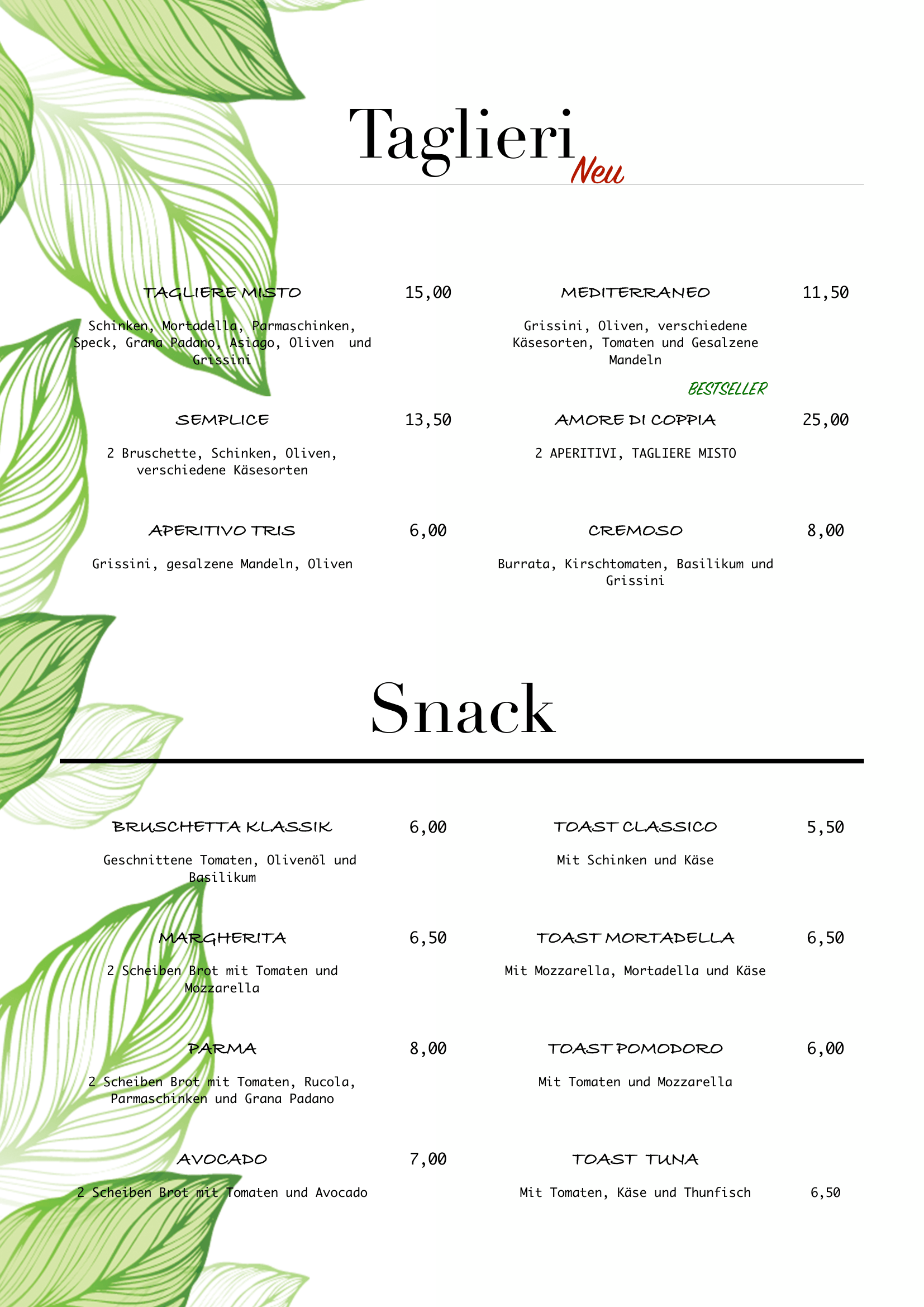 MIO Speisekarte Ostfildern Menu titled 'Taglieri' with sections for 'Snack', featuring various Italian dishes with descriptions and prices, surrounded by green leaf graphics.