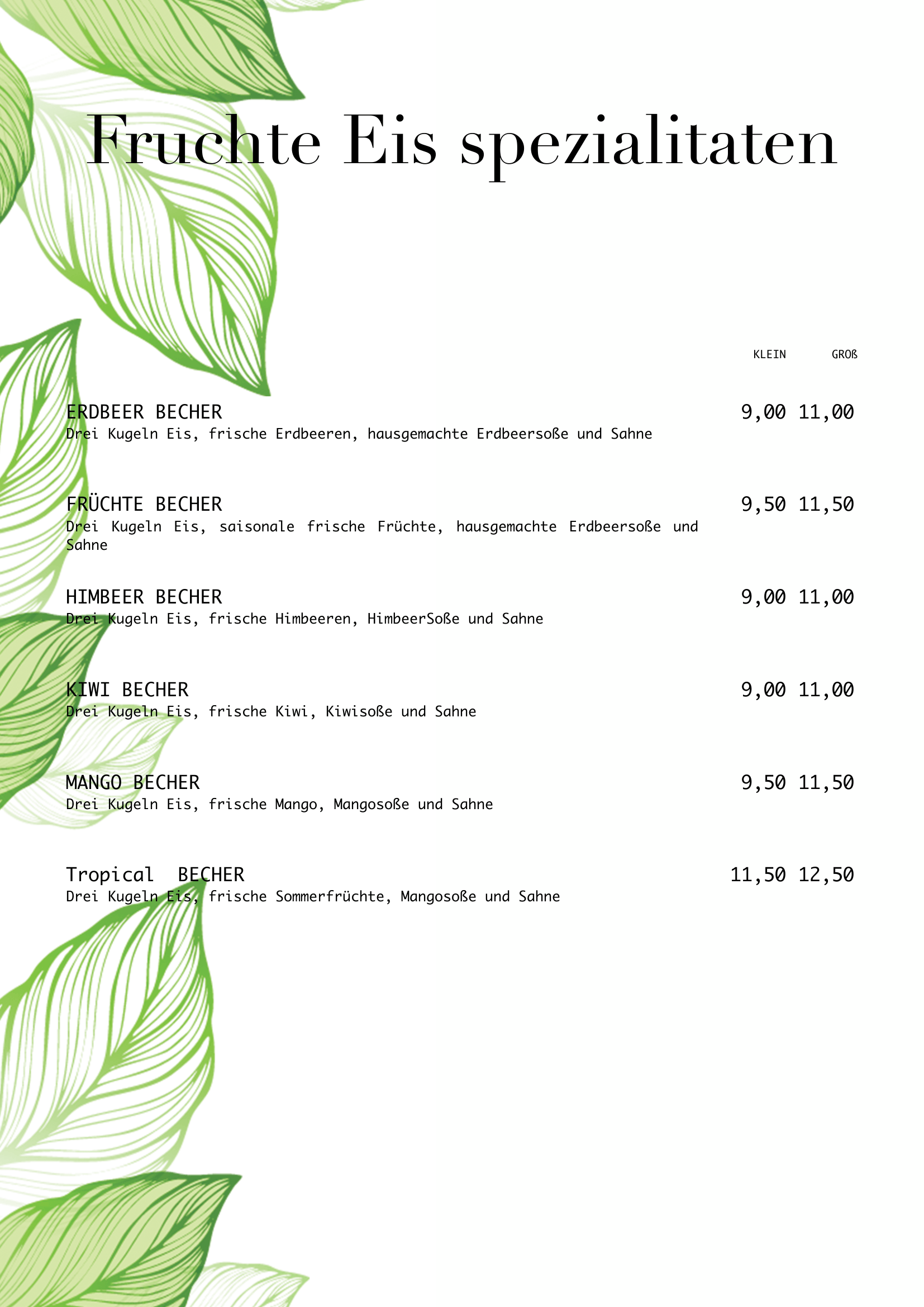 A menu featuring various fruit ice cream beverages with descriptions and prices, decorated with green leaf illustrations.