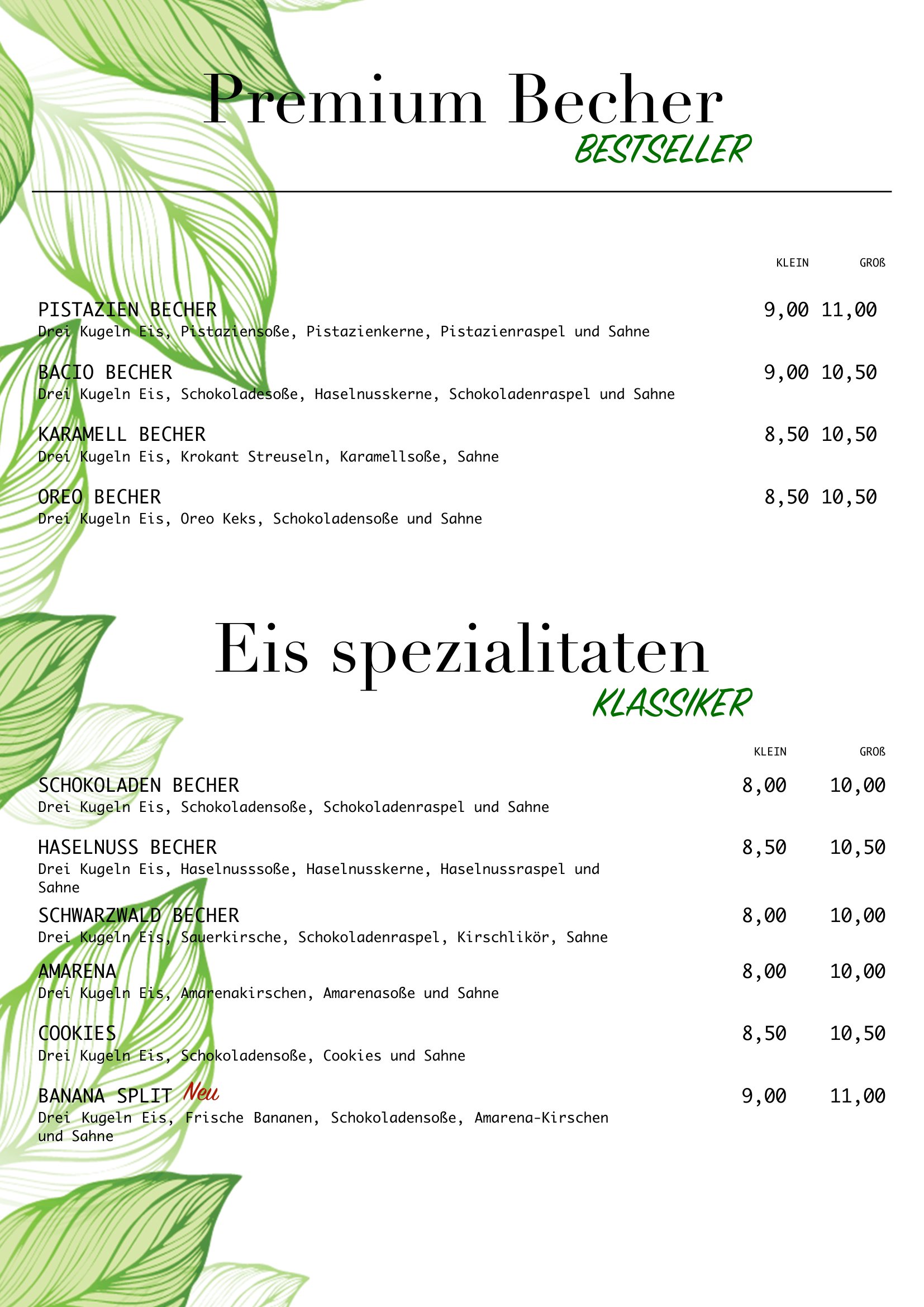 MIO Speisekarte Ostfildern A menu featuring premium Becher ice creams and classic ice cream specialties, with green leaf graphic accents.