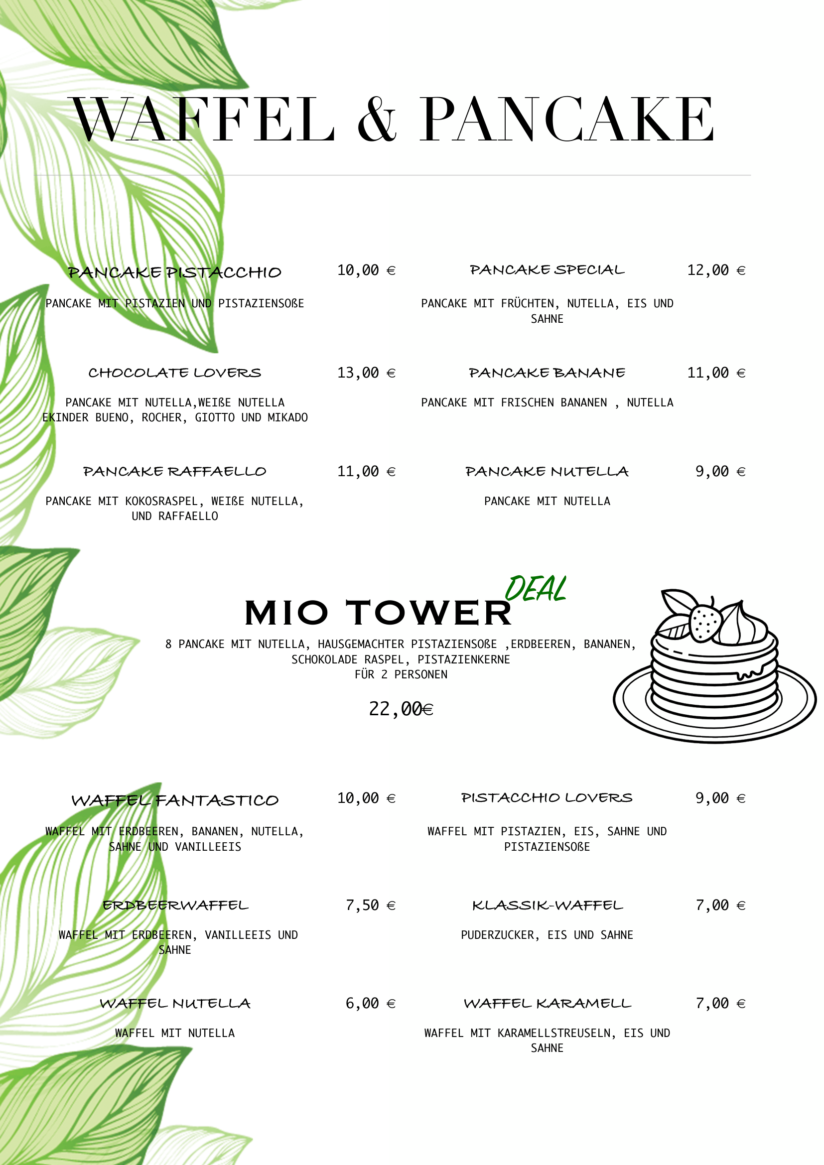 Menu featuring various waffle and pancake options with prices, including special deals and flavors like Nutella, banana, and strawberry, decorated with green leaves and a sketch of a stack of pancakes with strawberries.