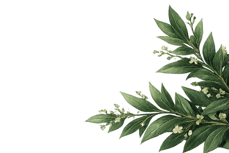 A decorative arrangement of green leafy branches with small white flowers.