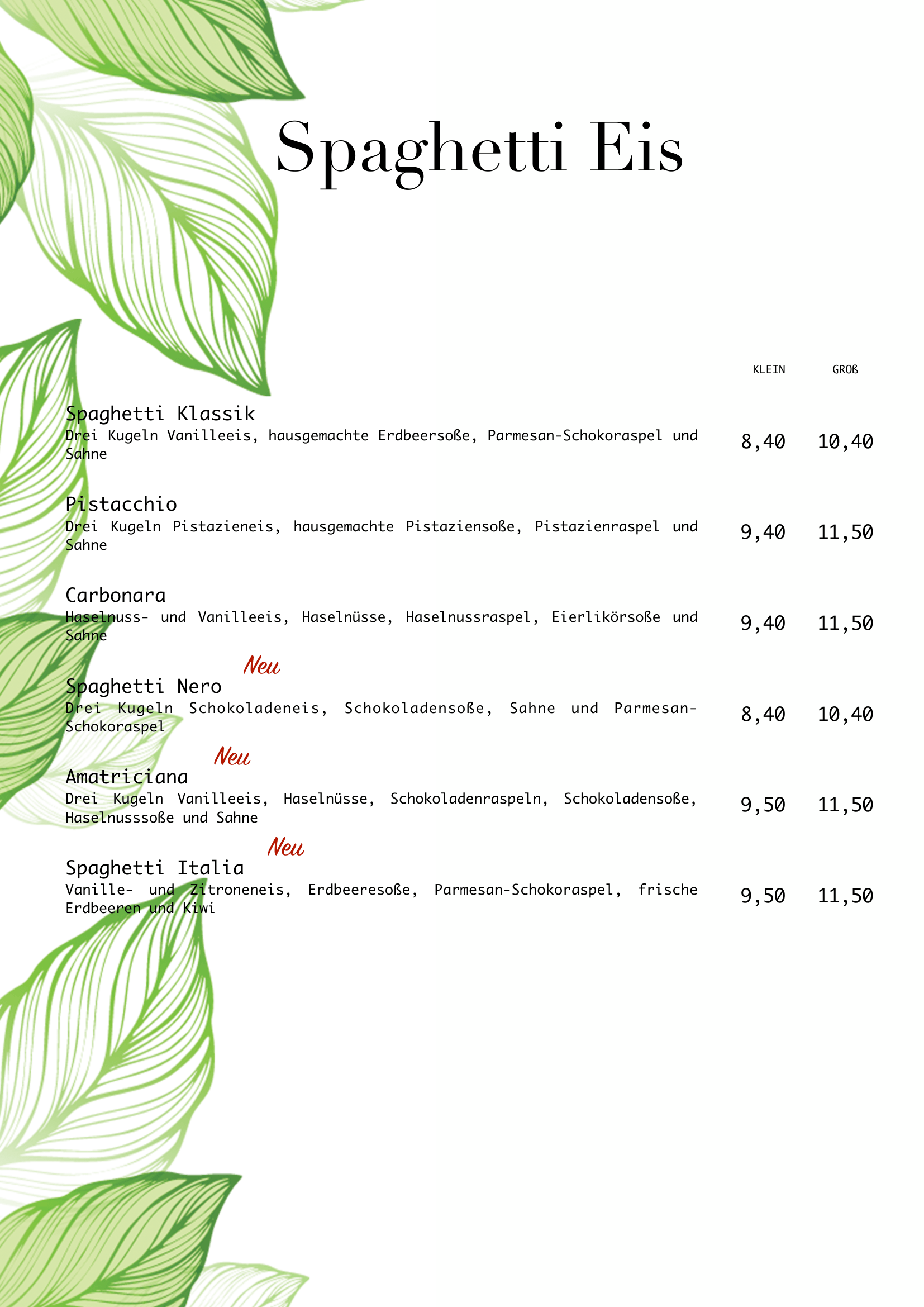 Menu for Spaghetti Eis with options for classic, pistachio, carbonara, nero, amatriciana, and Italia flavors, decorated with green leaf graphics. MIO Speisekarte Ostfildern