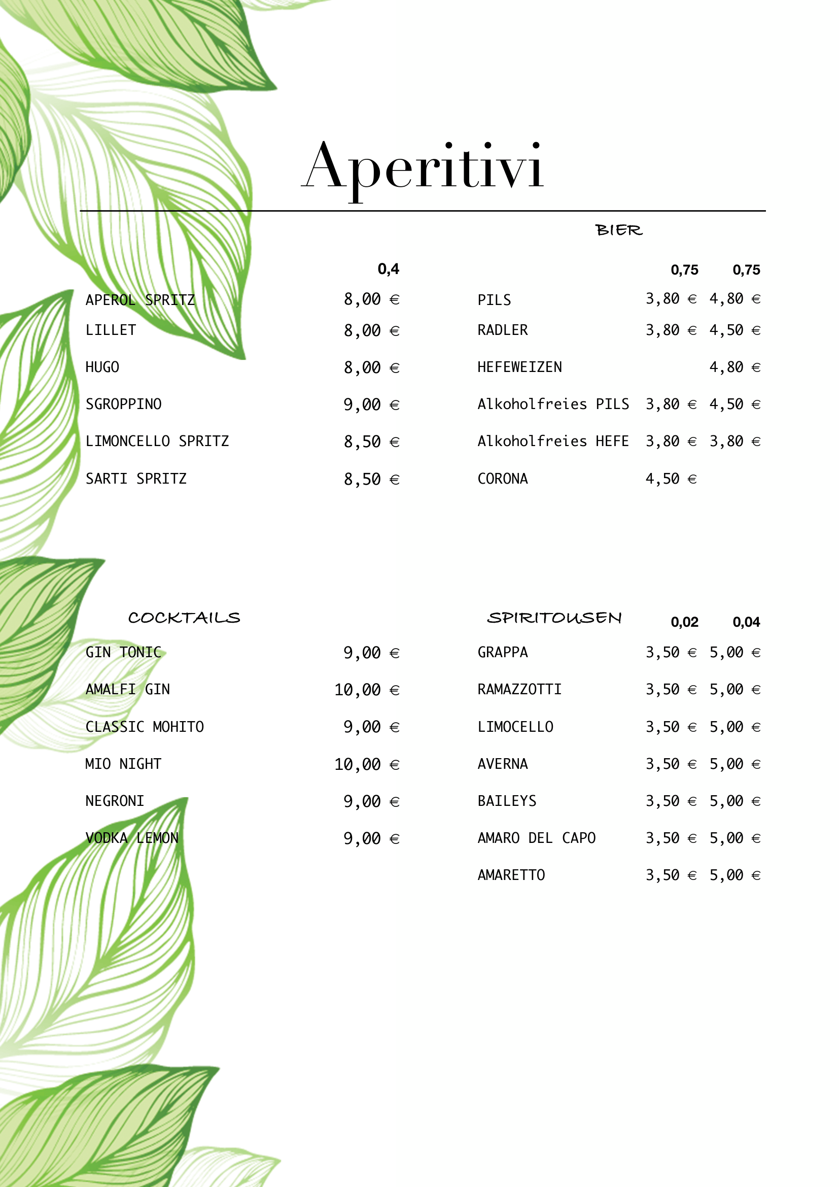 Menu titled 'Aperitivi' listing drinks and prices, with leaf illustrations on the left side and section headings, including beer, cocktails, and soft drinks.