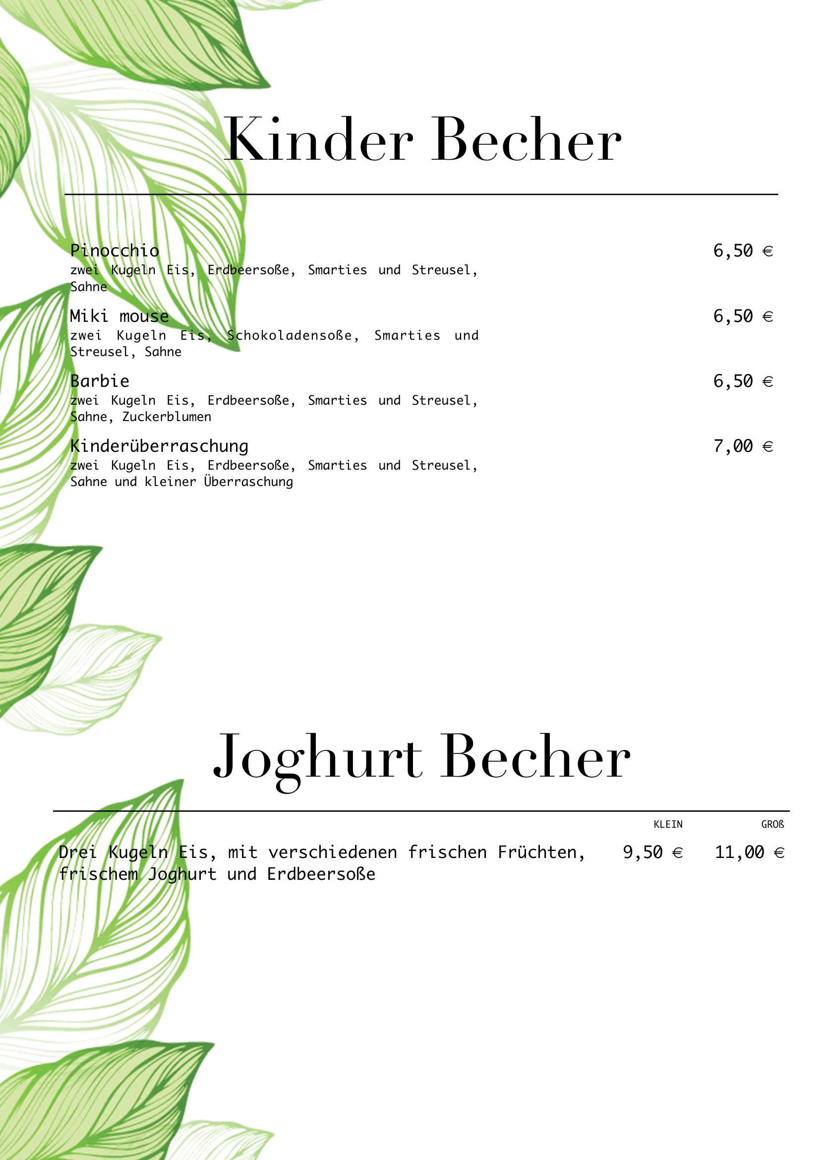 Menu with green leafy design, listing desserts including Kinder Becher and Joghurt Becher.